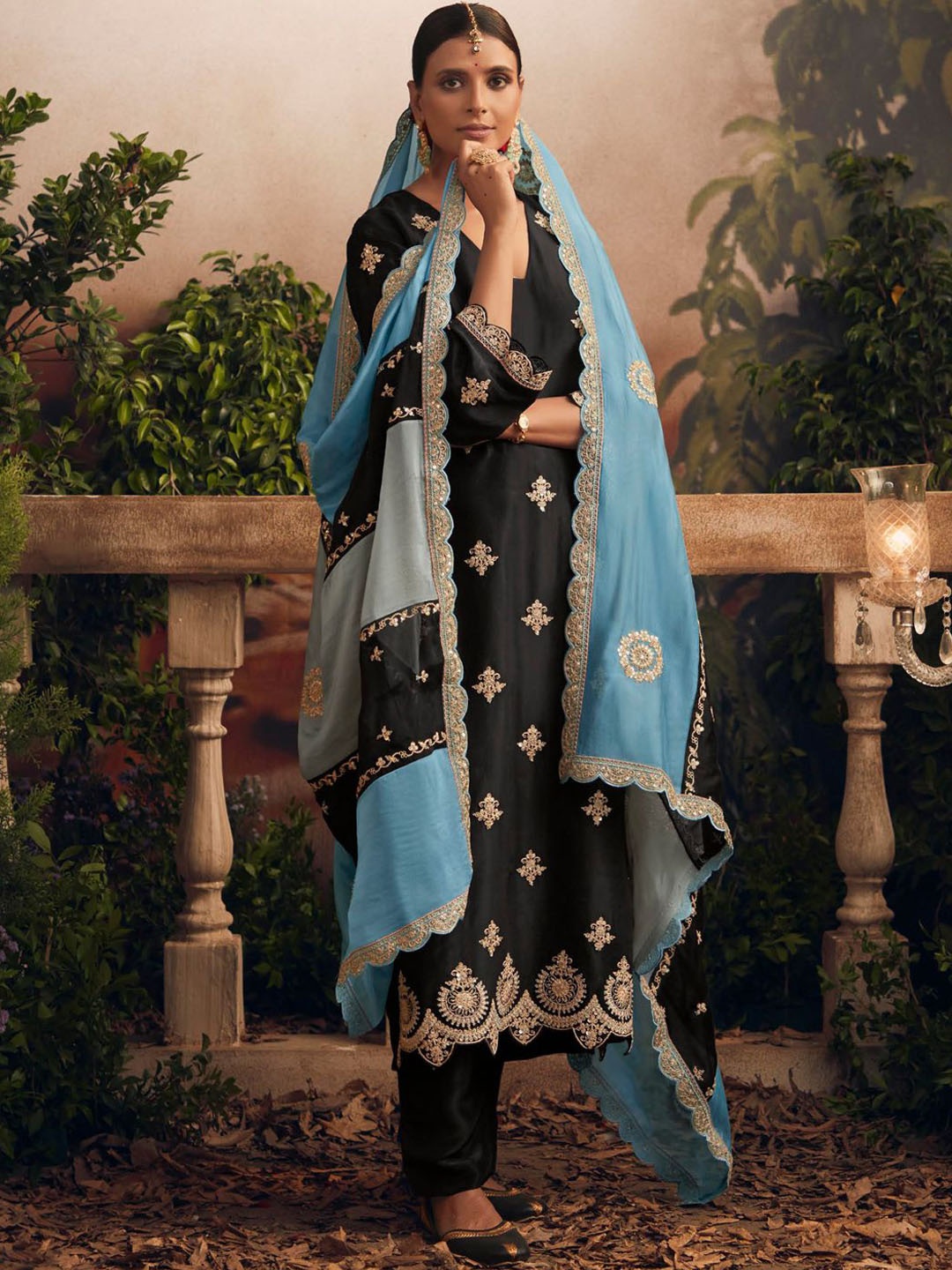 

Indo Era Ethnic Motifs Embroidered Regular Kurta with Trousers & Dupatta, Black