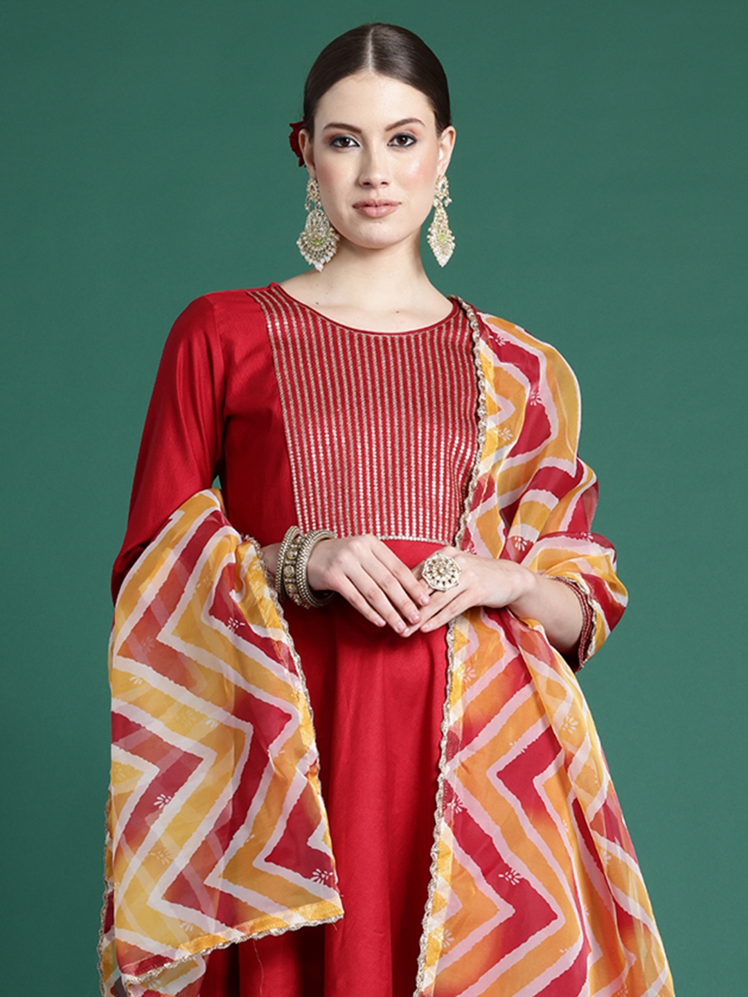 

Indo Era Yoke Design Pleated Sequinned Liva Kurta With Trousers & Dupatta, Red