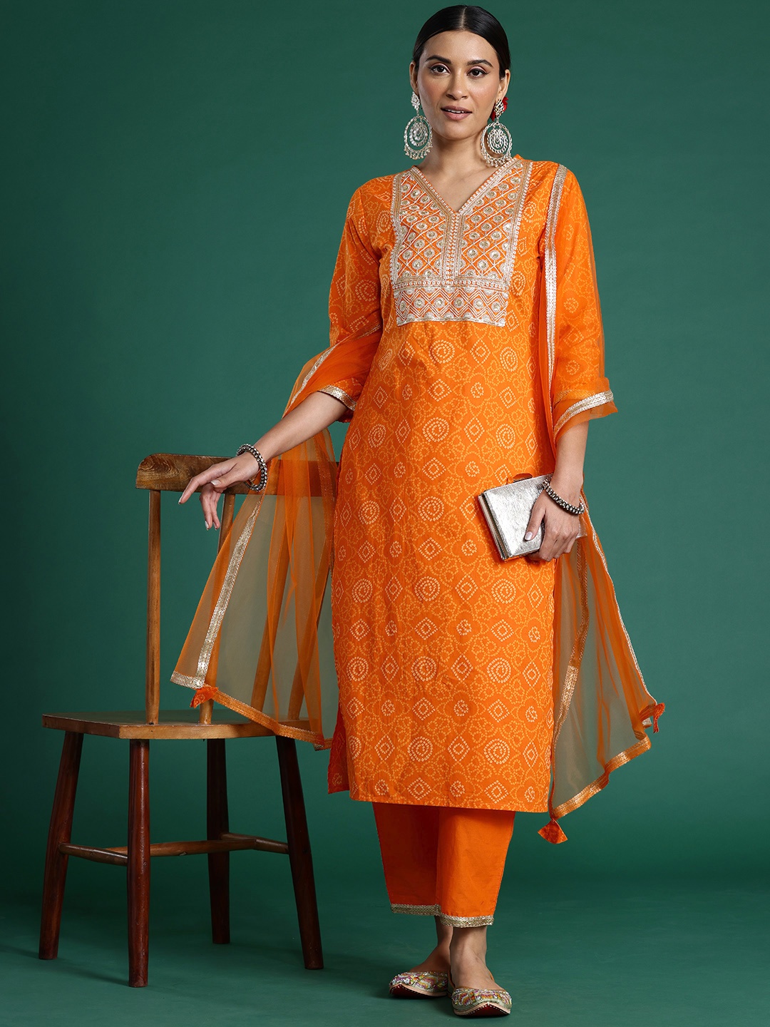 

Indo Era Bandhani Printed Sequinned Pure Cotton Kurta With Trousers & Dupatta, Orange