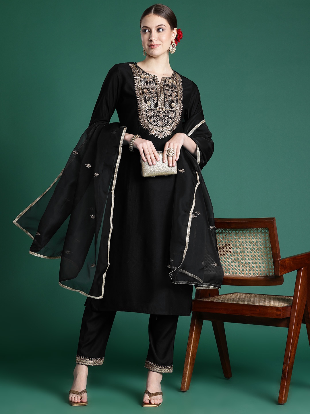 

Indo Era Yoke Design Zari Liva Kurta With Trousers & Dupatta, Black