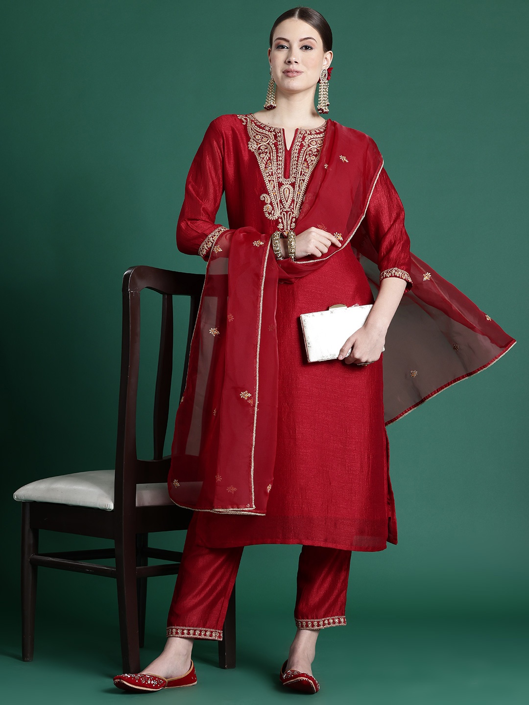 

Indo Era Women Ethnic Motifs Embroidered Regular Kurta with Palazzos & With Dupatta, Red