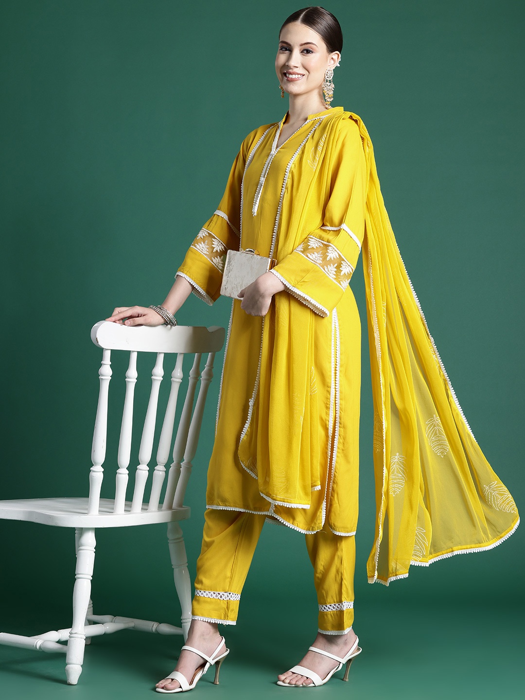 

Indo Era Women Ethnic Motifs Embroidered Regular Thread Work Kurta with Trousers & With Dupatta, Yellow