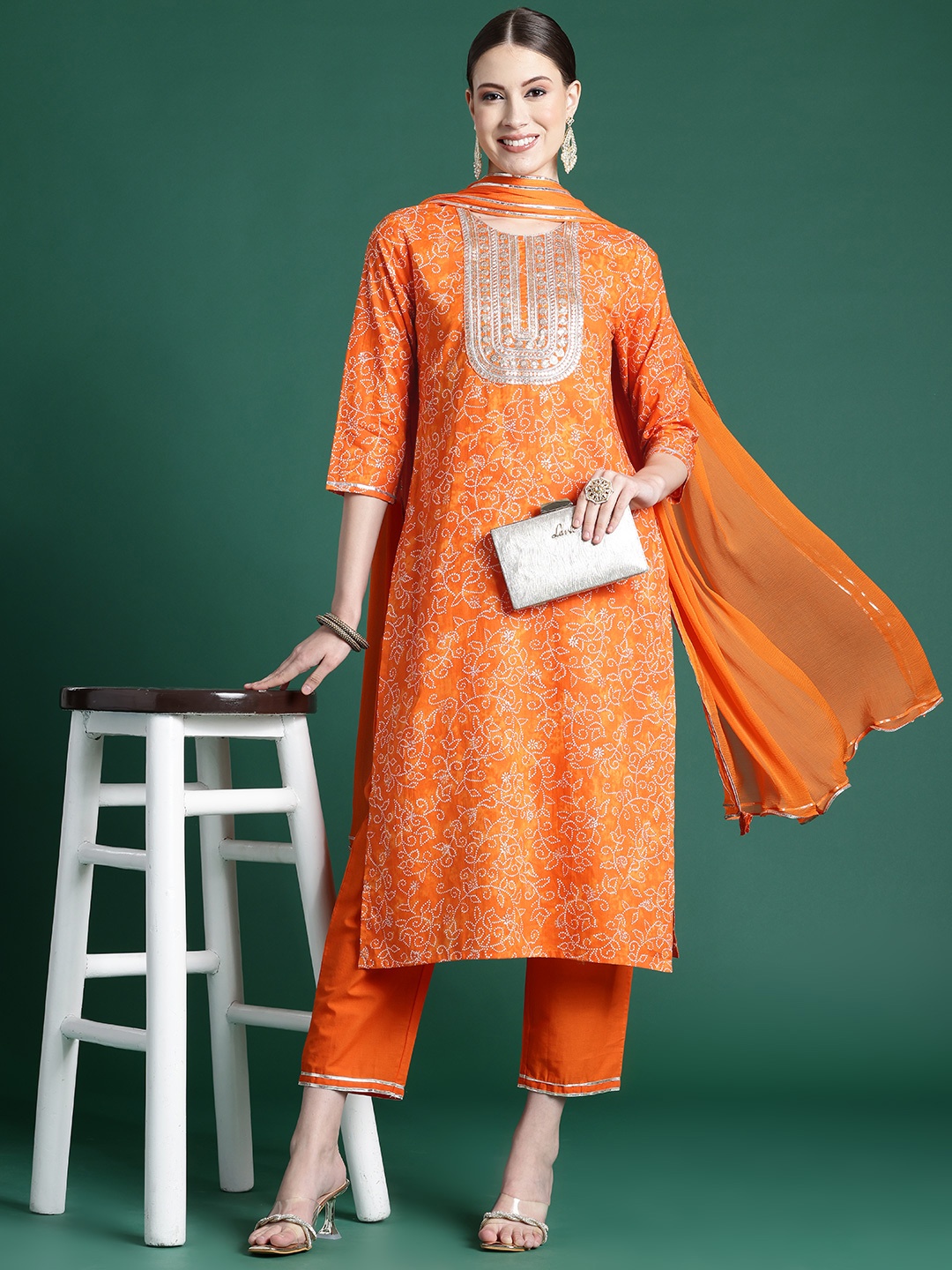 

Indo Era Women Bandhani Printed Regular Sequinned Pure Cotton Kurta with Palazzos & With Dupatta, Orange