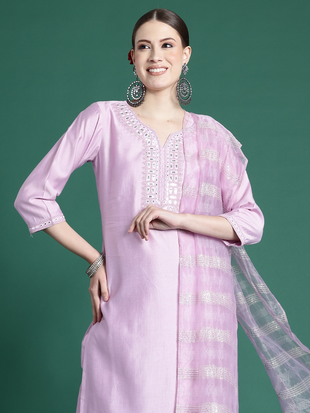 

Indo Era Yoke Design Mirror Work Liva Kurta With Trousers & Dupatta, Lavender