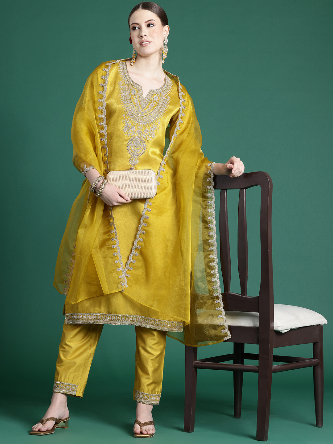 

Indo Era Ethnic Motifs Yoke Design Sequinned Kurta With Trousers & Dupatta, Yellow