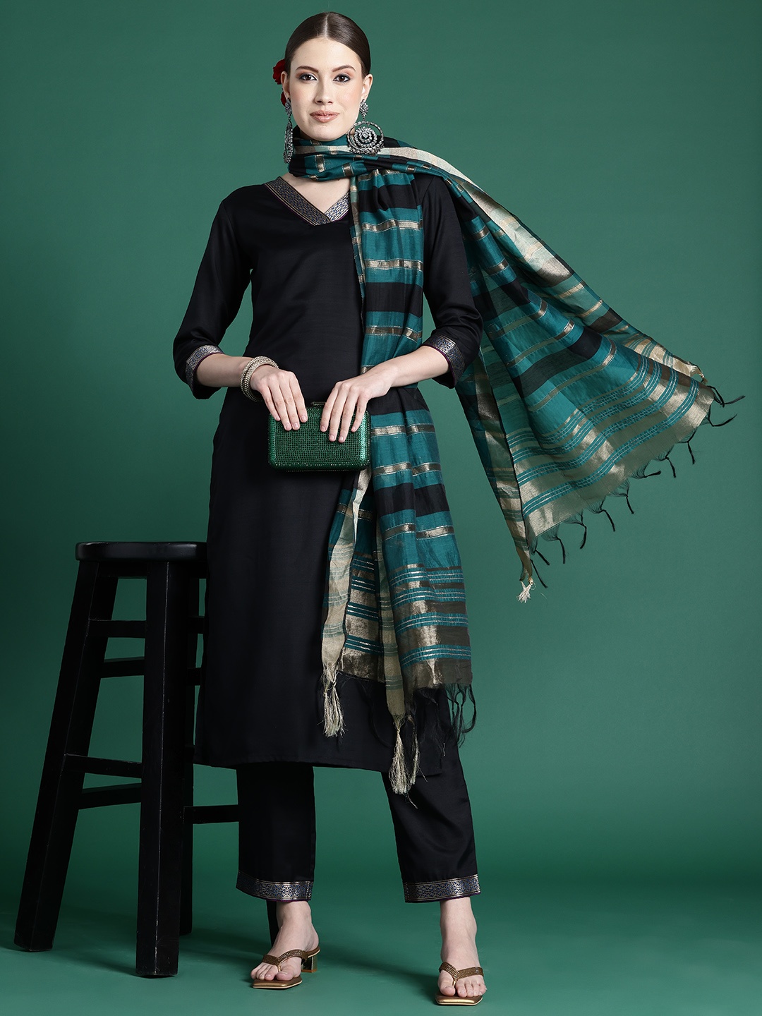 

Indo Era Yoke Design Zari Pure Cotton Kurta With Trousers & Dupatta, Black