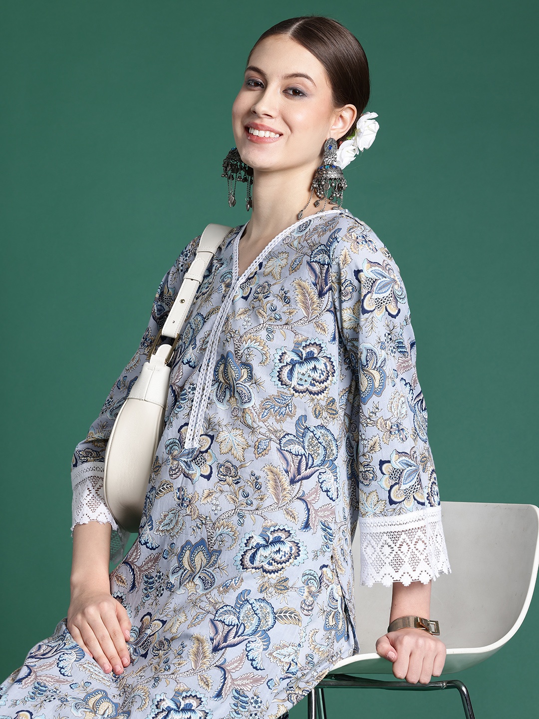 

Indo Era Women Printed Pure Cotton Ethnic Co-Ords Set, Blue