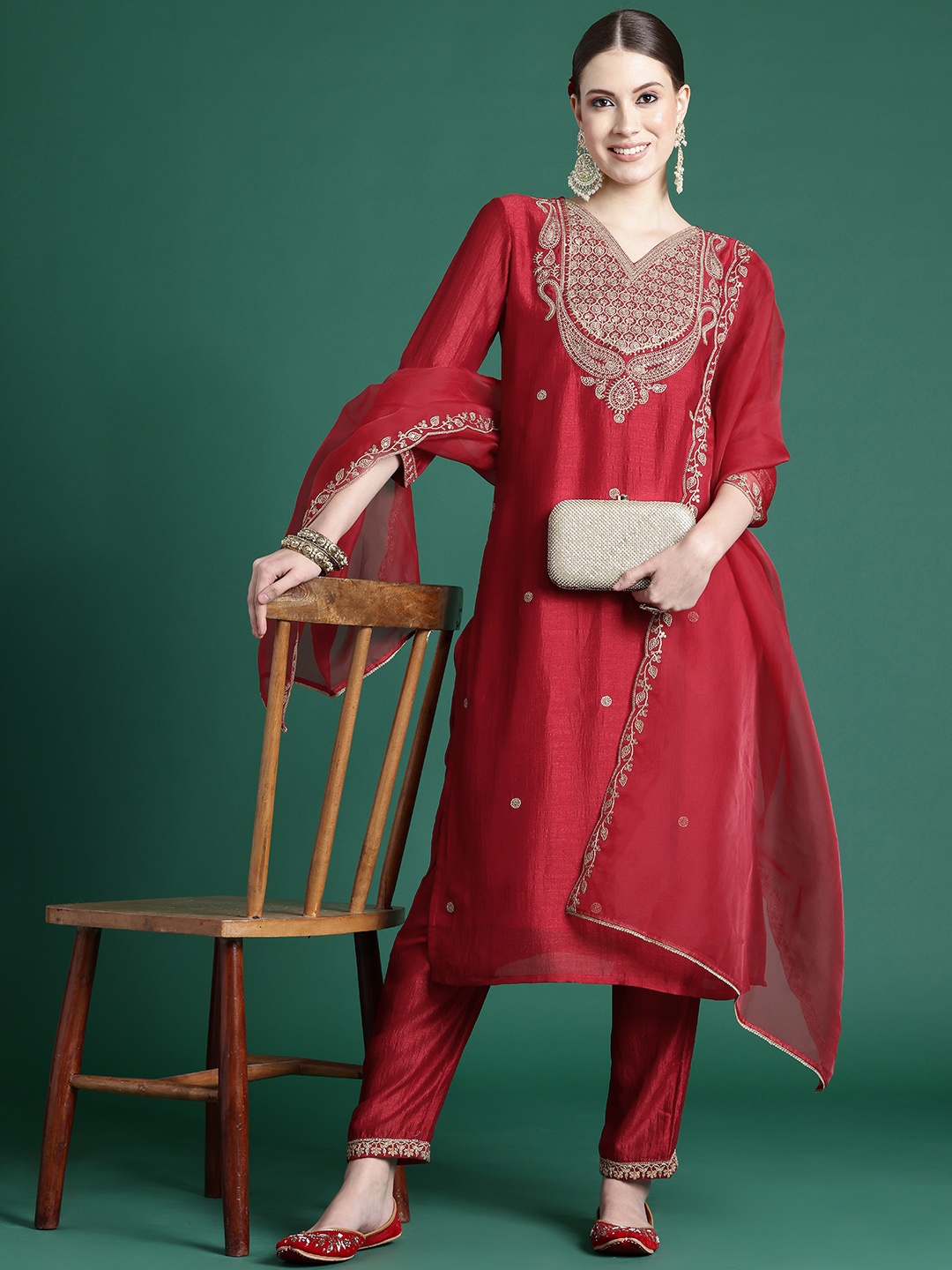 

Indo Era Ethnic Motifs Embroidered Sequinned Kurta With Trousers & Dupatta, Red