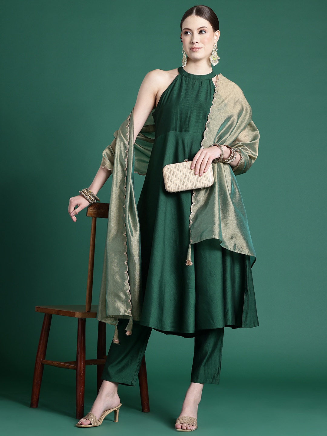 

Indo Era Pleated Halter Neck Liva Fusion Kurta With Trousers & Dupatta, Green