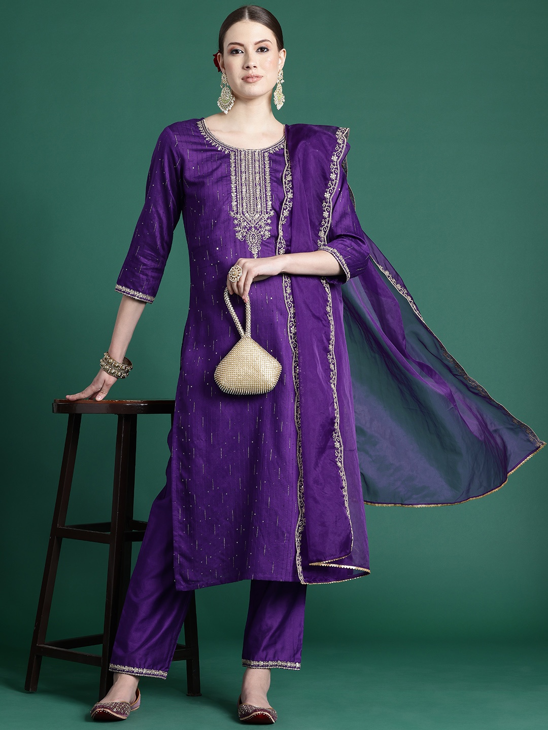 

Indo Era Ethnic Motifs Embroidered Sequinned Liva Kurta With Trousers & Dupatta, Purple