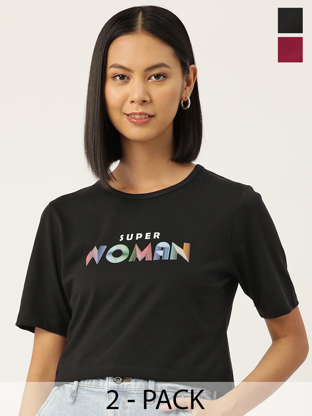 

Slenor Women Pack Of 2 Typography Printed Cotton T-shirt, Black