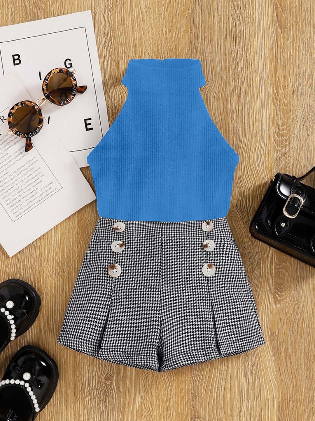 

DEL LUNA Girls Halter Neck Sleeveless Top with Shorts, Blue