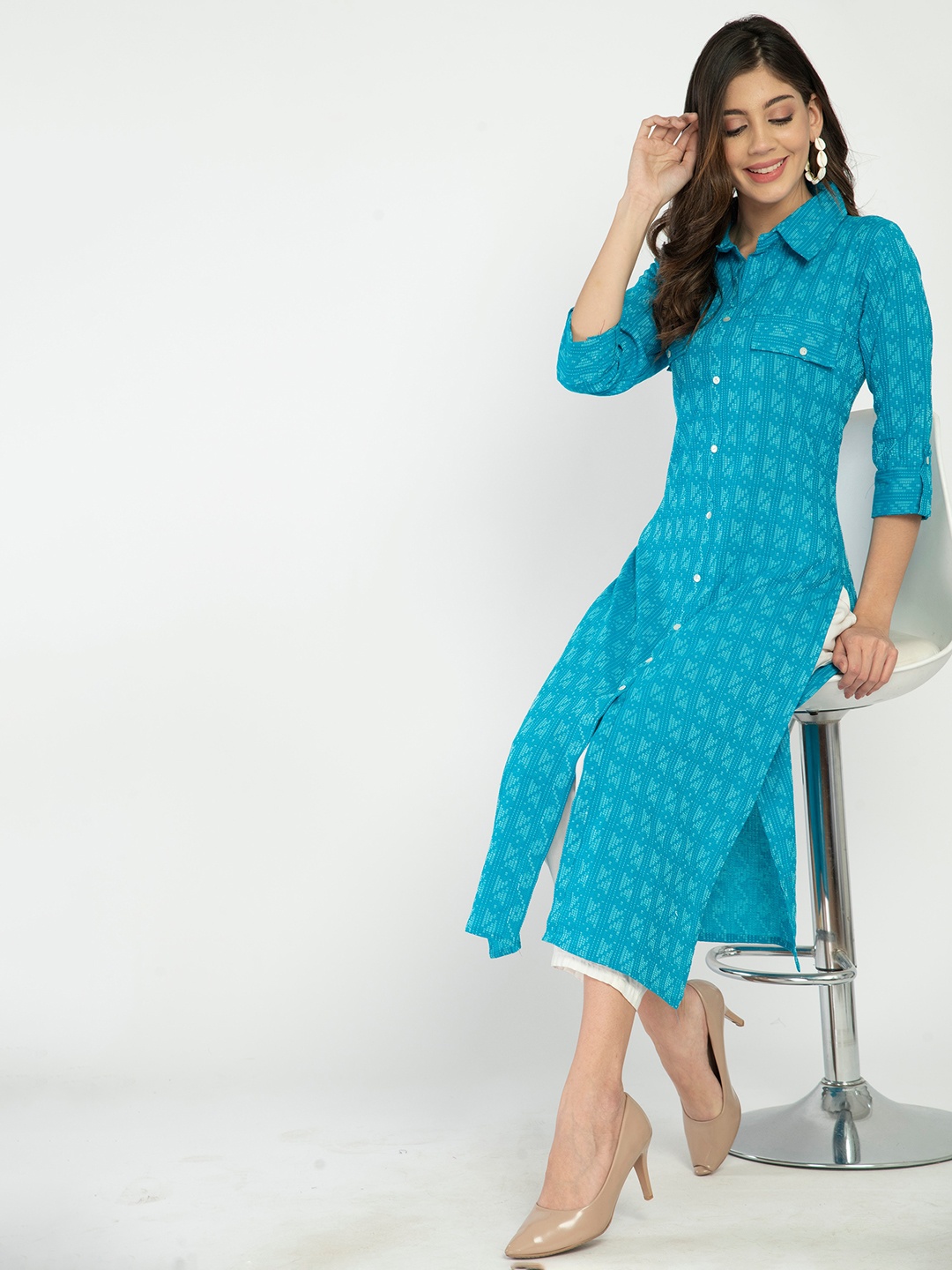 

AnjuShree Choice Geometric Printed Shirt Collar Straight Kurta, Blue