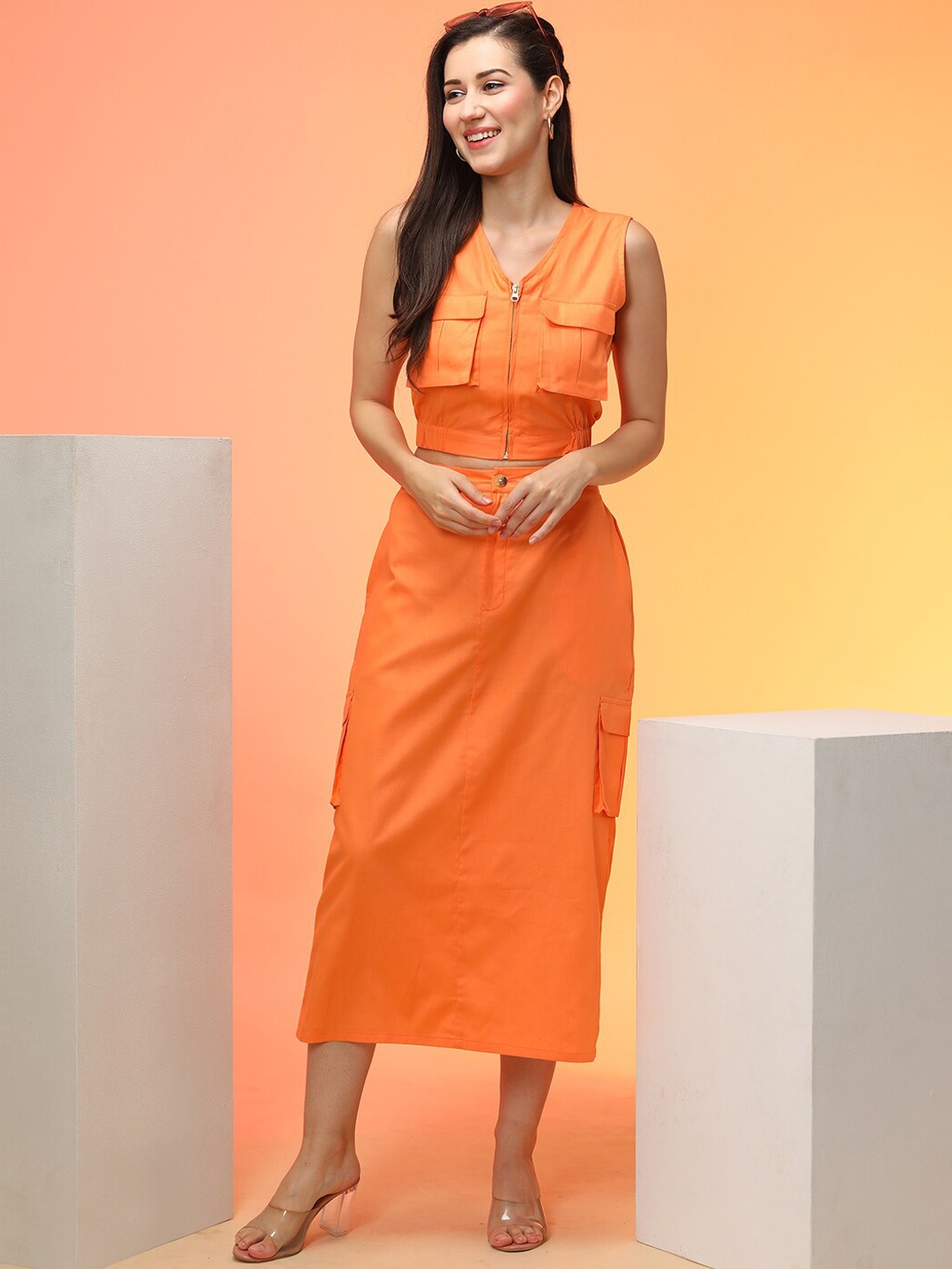 

Globus Cargo Pocket Detail Crop Top & Midi Skirt Co-Ord Set, Orange