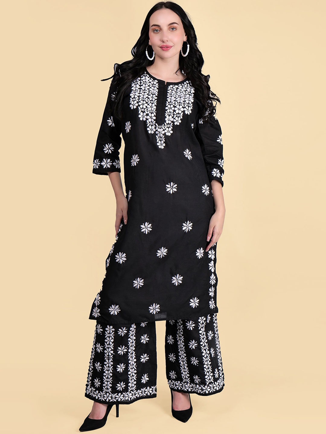 

Syrish Embroidered Regular Chikankari Pure Cotton Kurta & Palazzos, Black