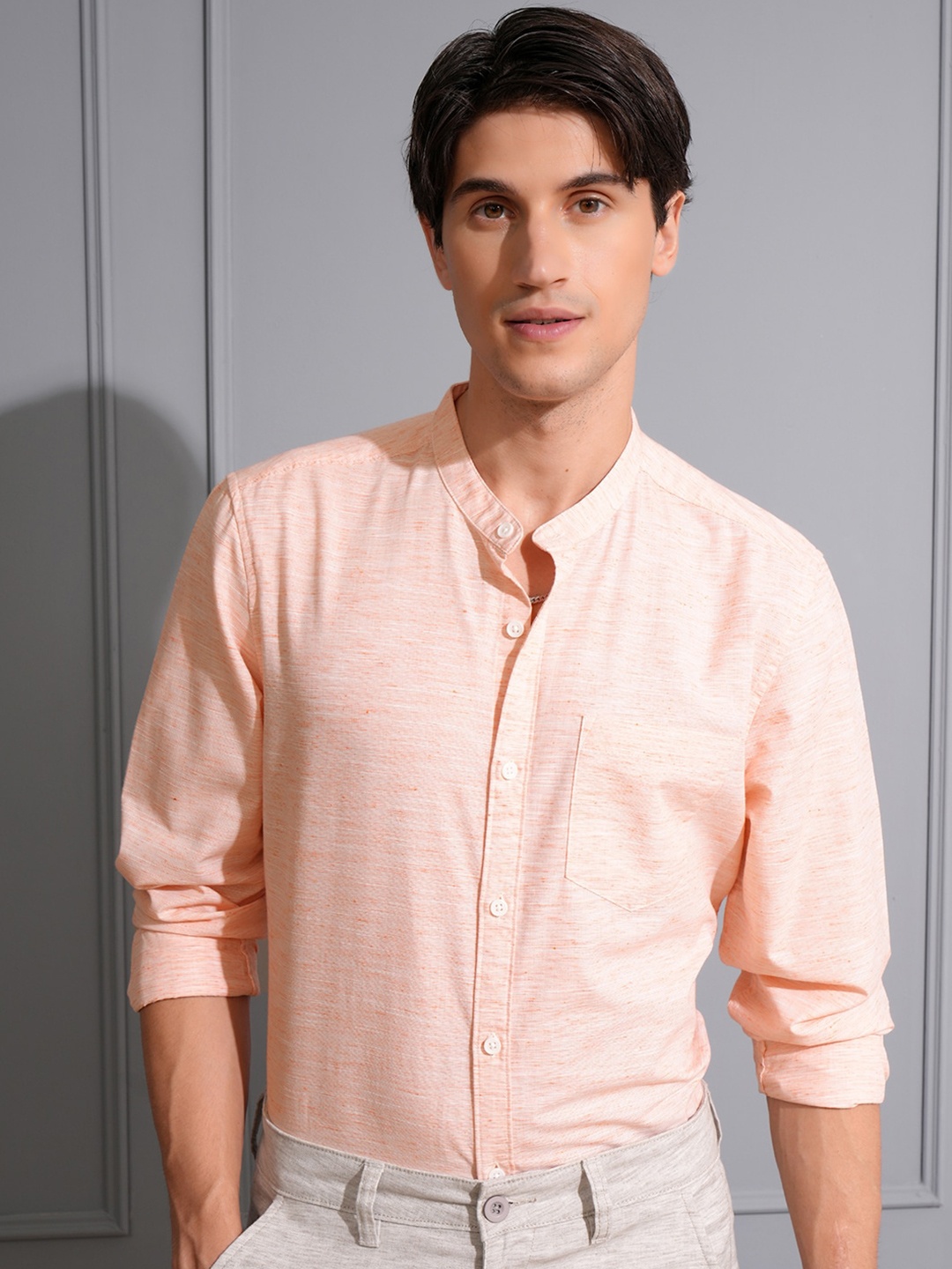 

LOCOMOTIVE Men Premium Solid Slub Mandrain Collar Casual Shirt, Orange