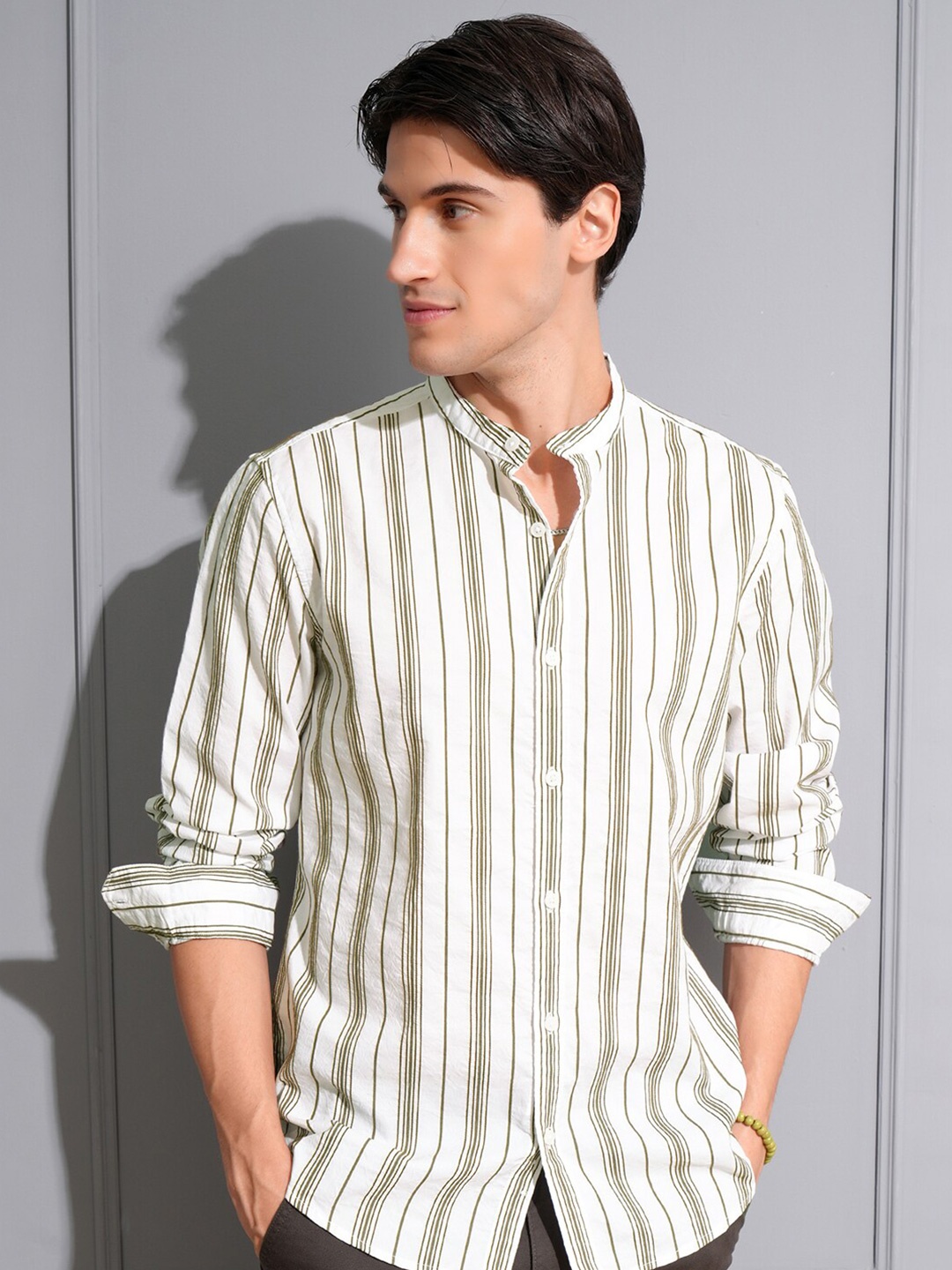 

LOCOMOTIVE Men Premium Dark Stripped Mandrain Collar Casual Shirt, Olive