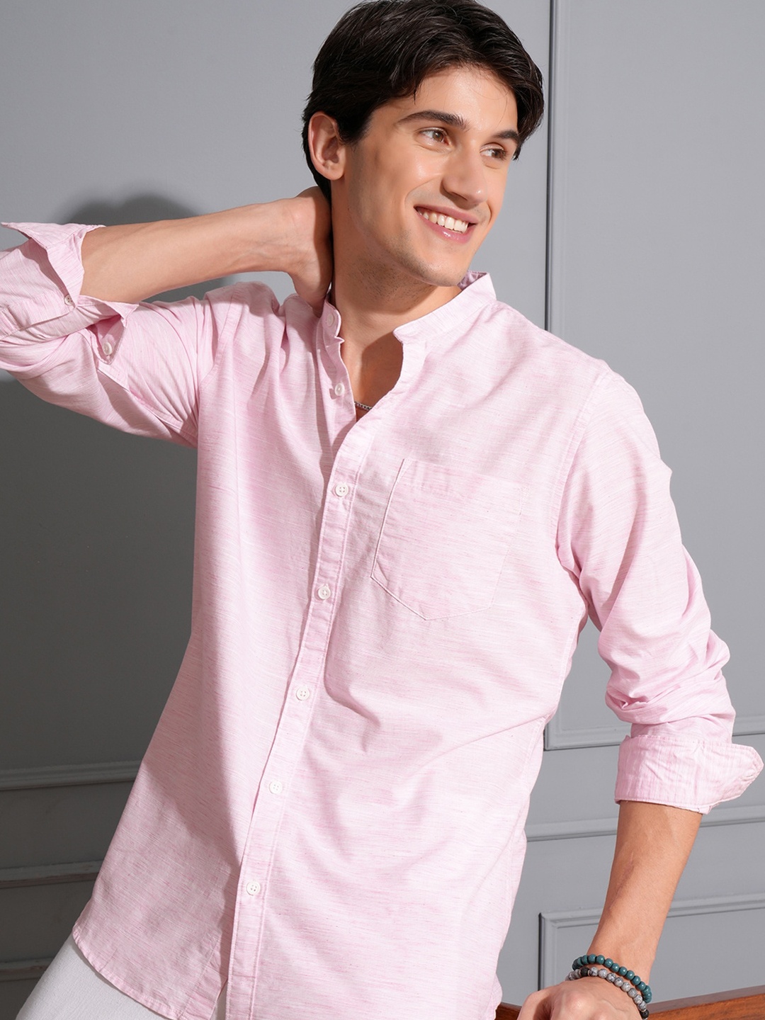 

LOCOMOTIVE Men Premium Solid Slub Mandrain Collar Casual Shirt, Pink