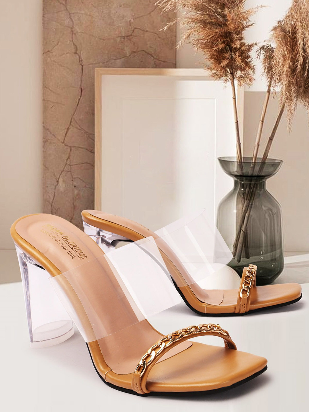 

madam glorious Transperent Embellished Block Heels, Beige