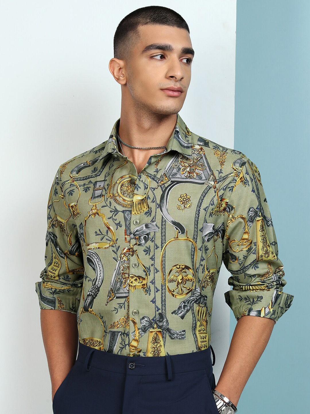 

HIGHLANDER Men Printed Occasion Shirt, Olive