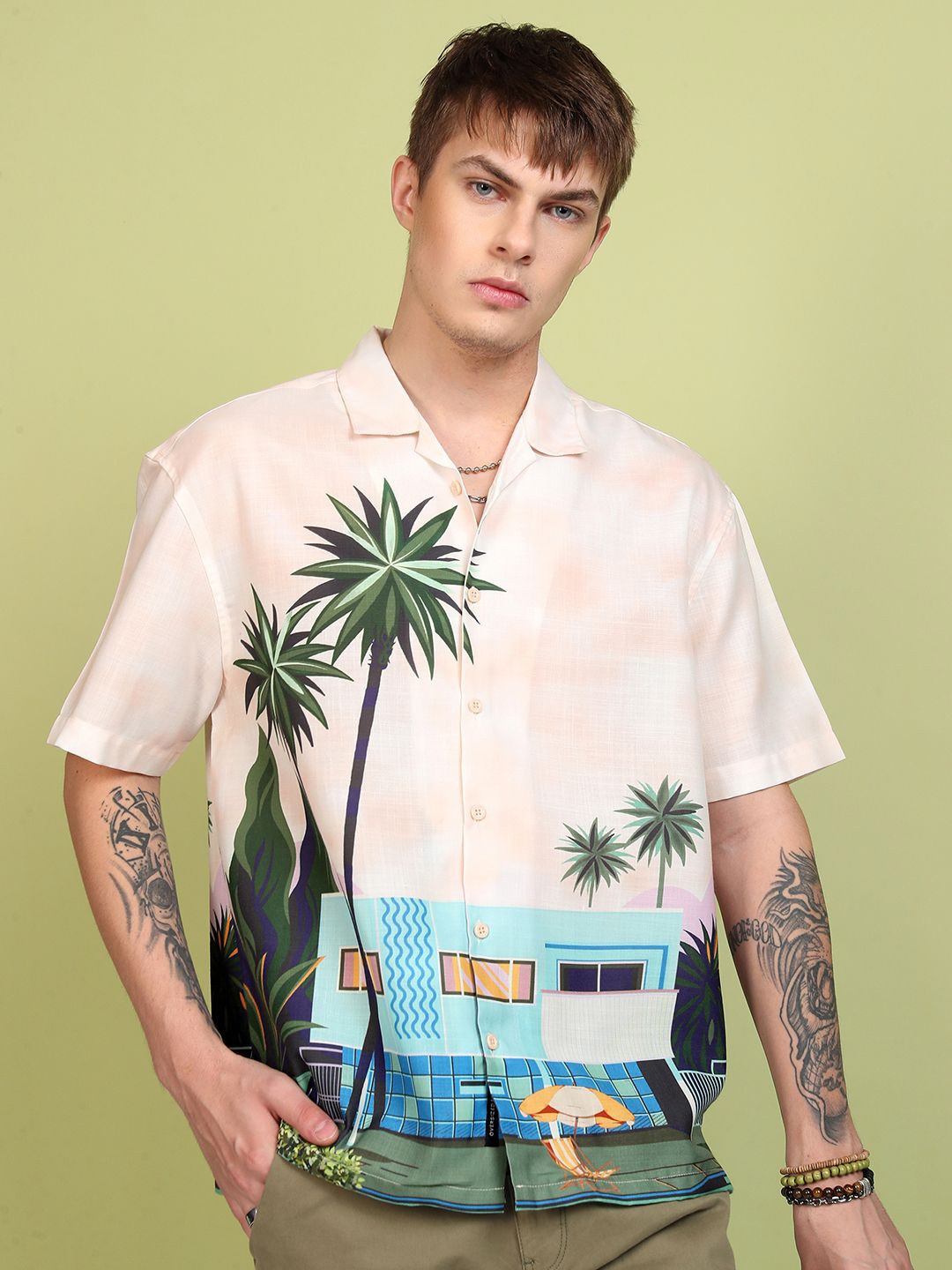 

HIGHLANDER Resort Collar Half Sleeve All Over Printed Shirt, Cream