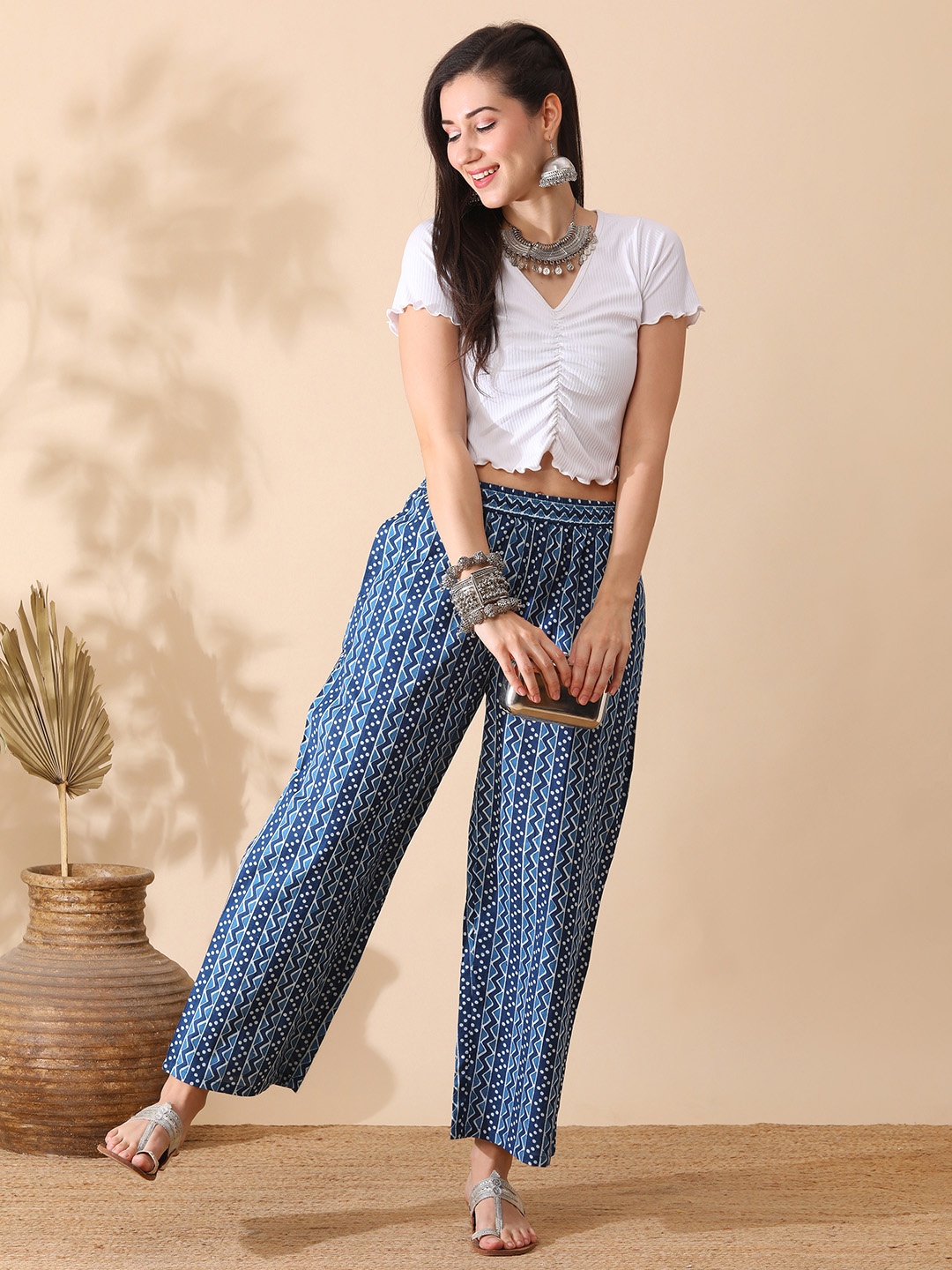 

Globus All Over Printed Straight Fusion Palazzos With Side Tassel Drawstring, Blue