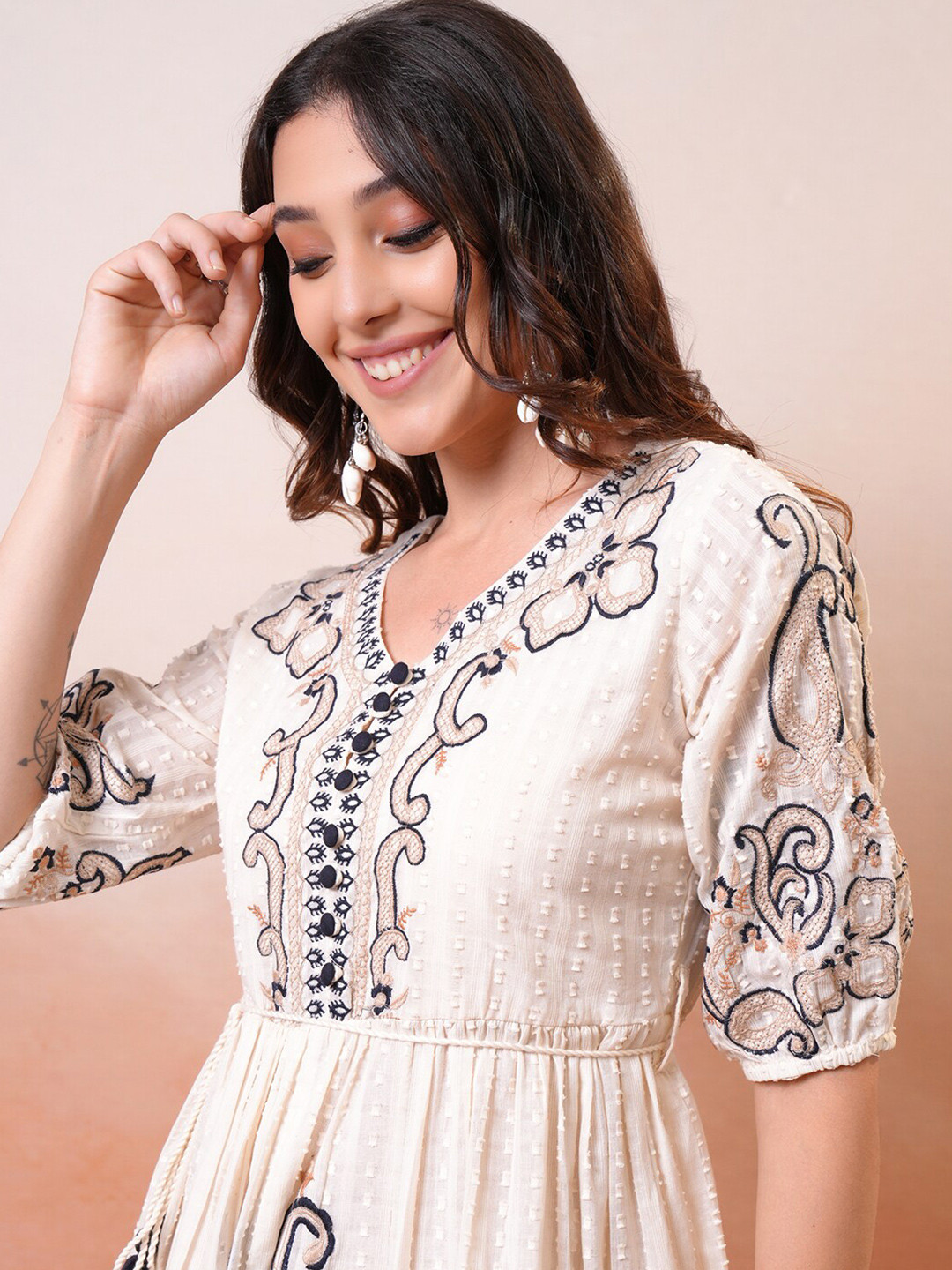 

Vishudh Ethnic Motifs Print Fit & Flare Dress, Off white