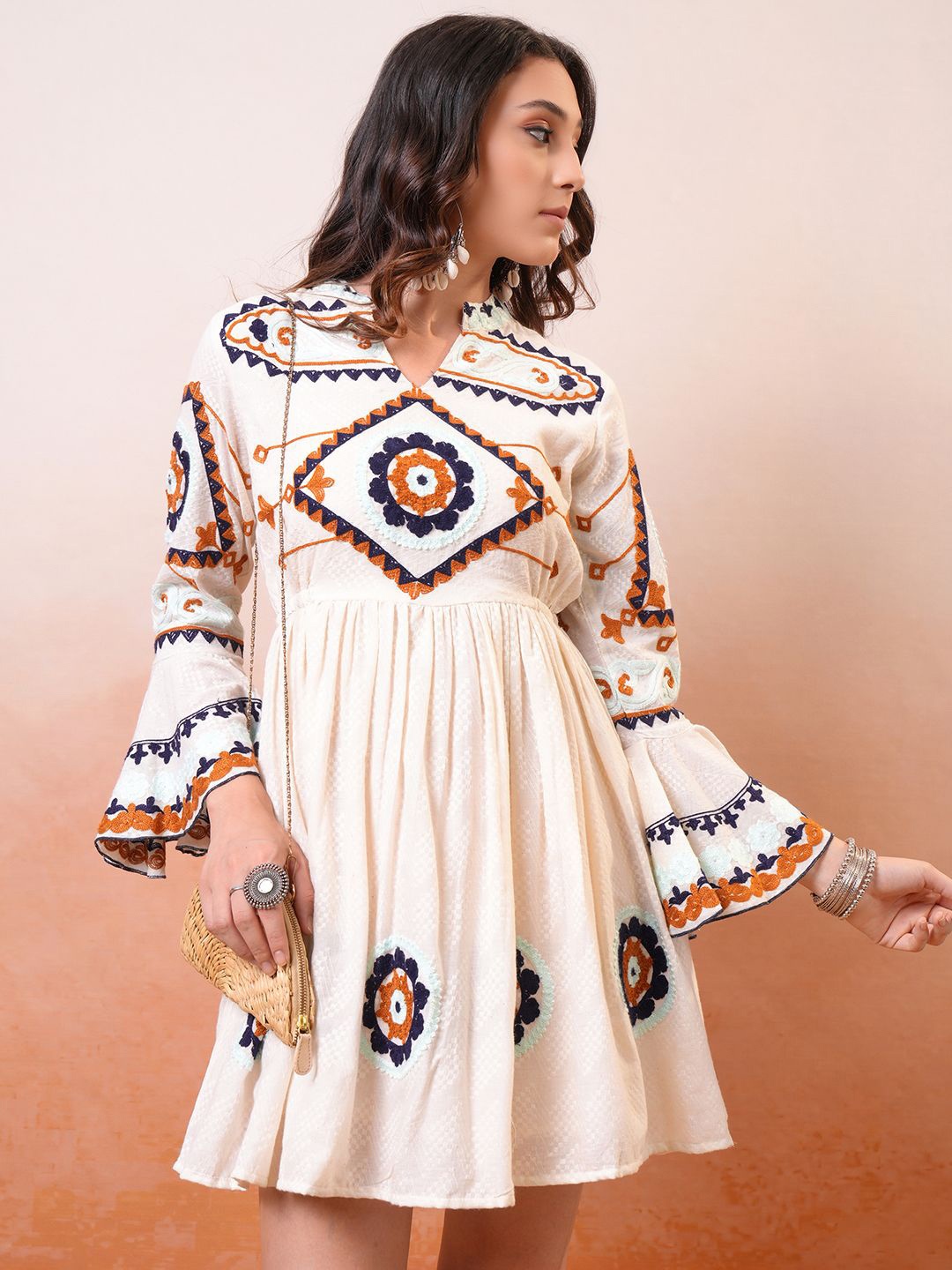 

Vishudh Embroidered Bell Sleeve Fit & Flare Dress, Off white