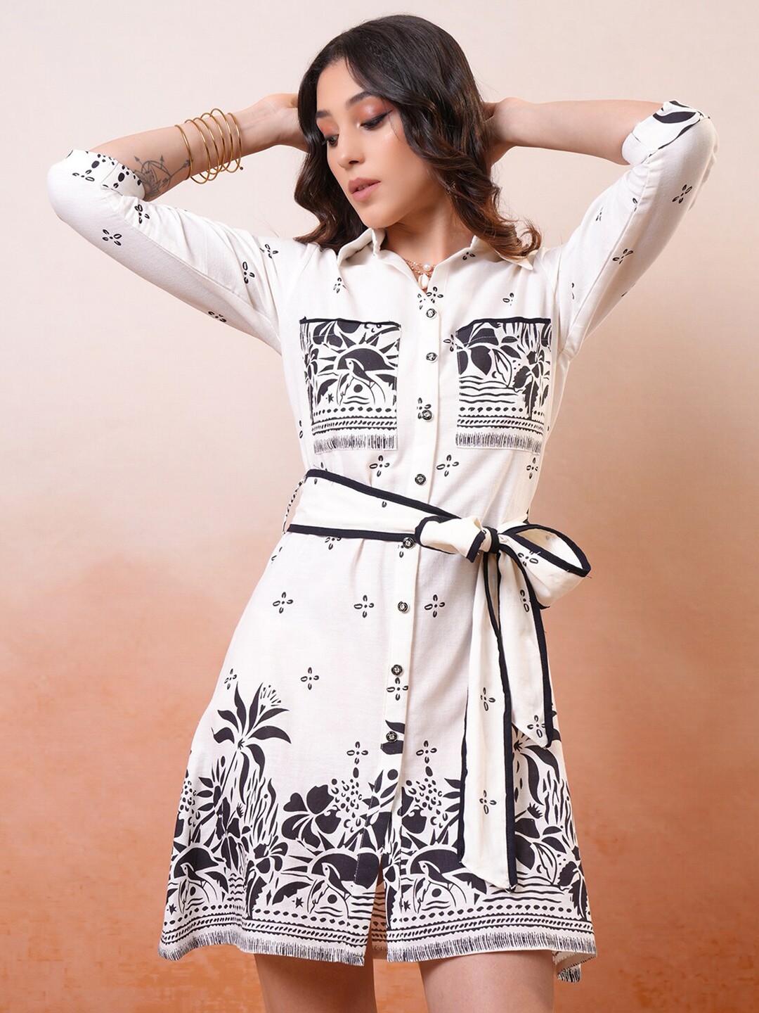 

Vishudh Floral Print Shirt Dress, White