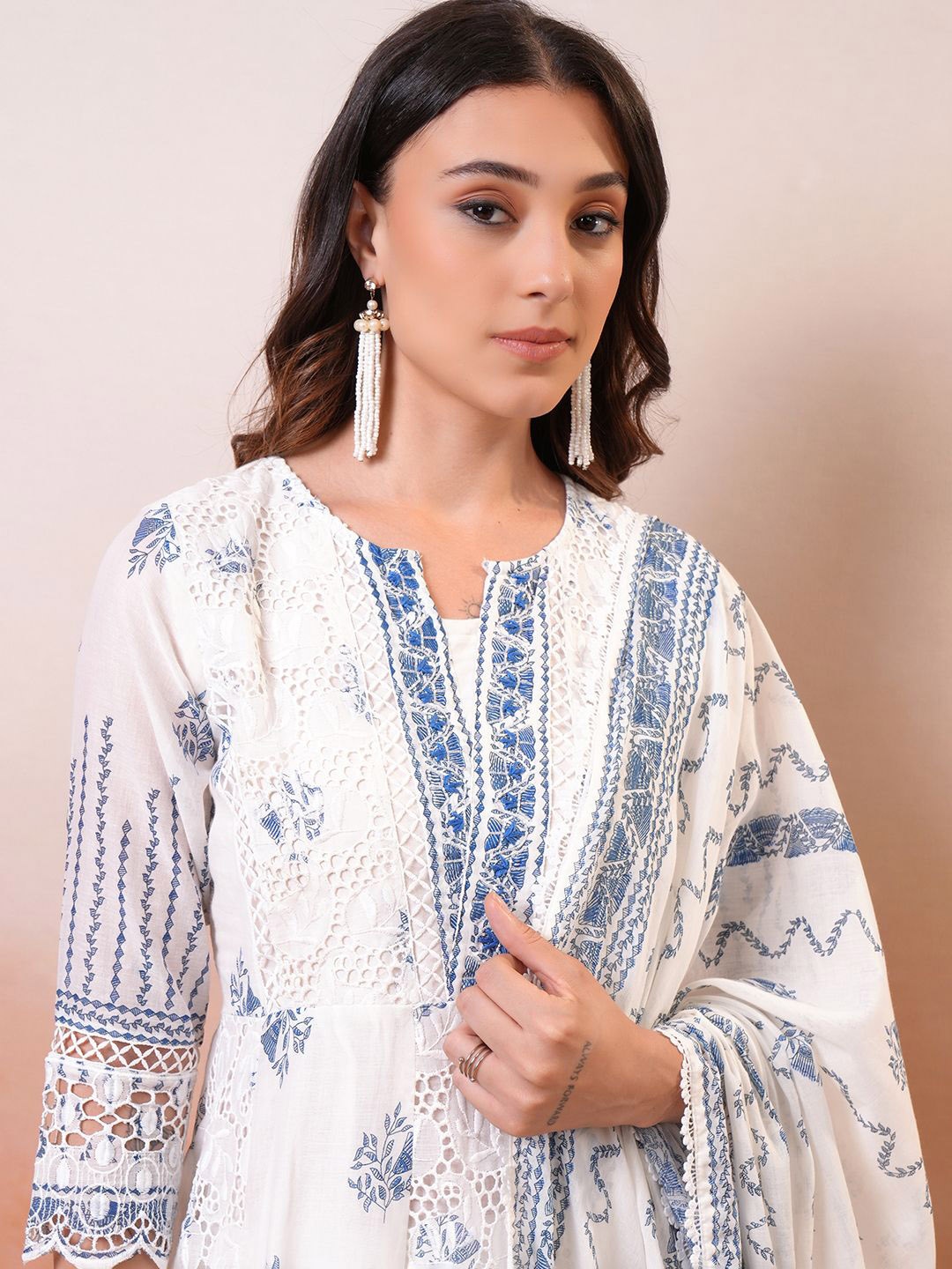 

Vishudh White Printed Pure Cotton Schiffli Work Anarkali Kurta With Trousers & Dupatta
