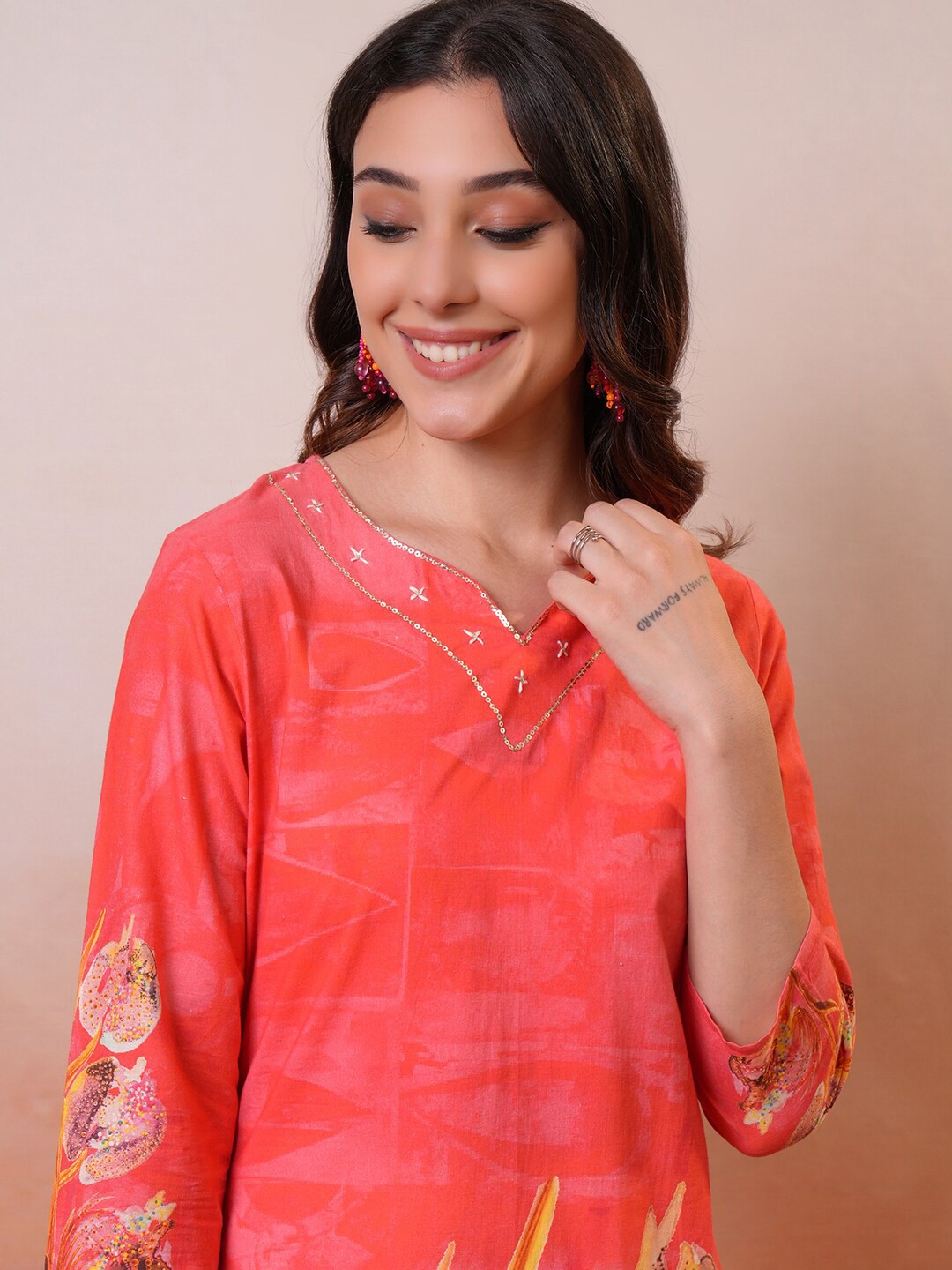 

Vishudh Red Floral Printed Notch Neck Sequined A-Line Kurta