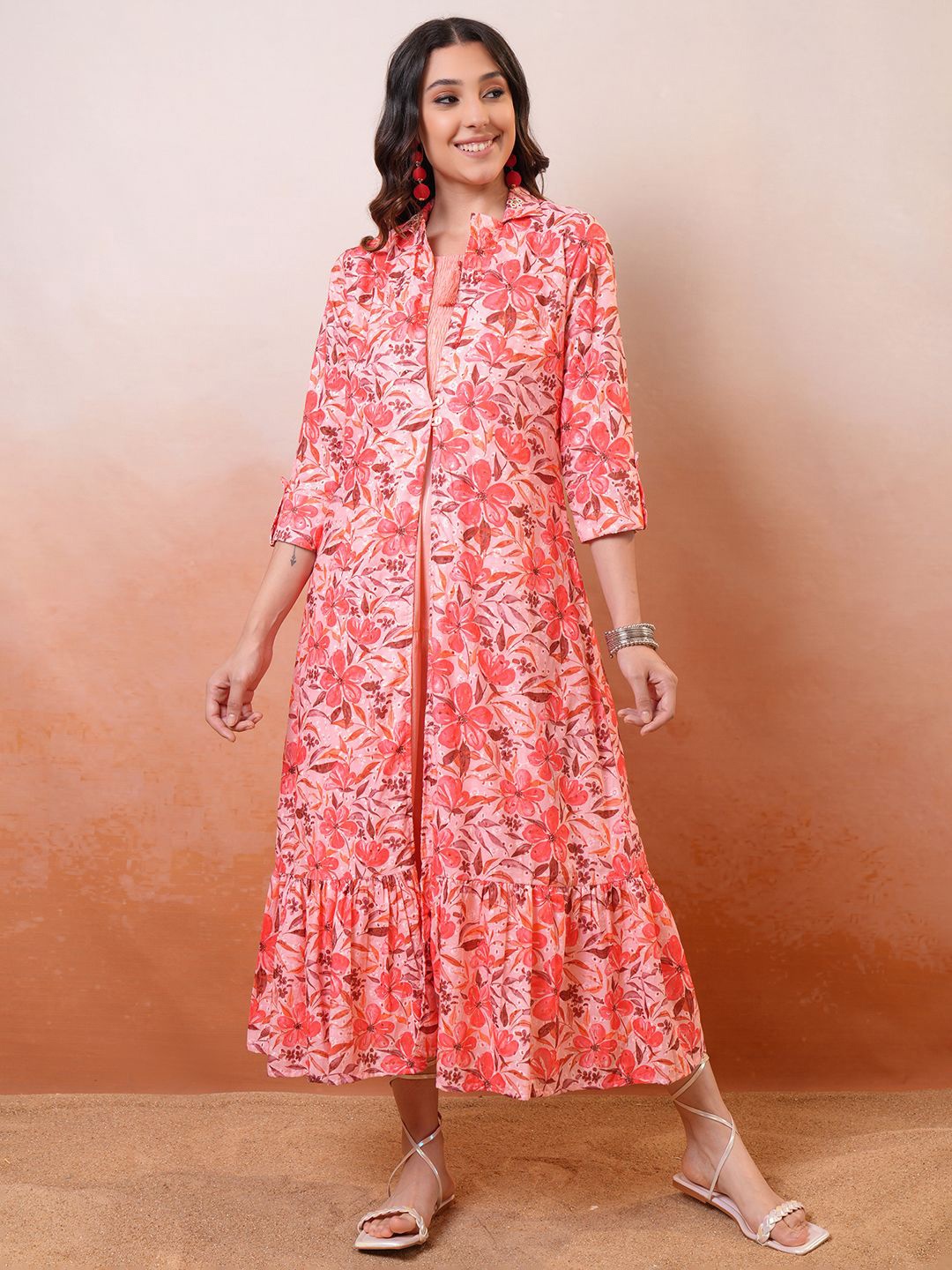 

Vishudh Floral Print A-Line Midi Dress, Peach