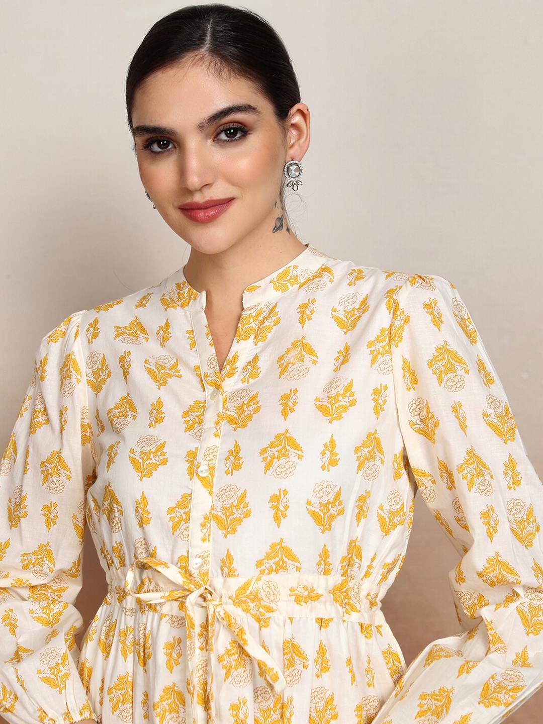 

Vishudh Floral Print Puff Sleeve A-Line Midi Dress, Cream