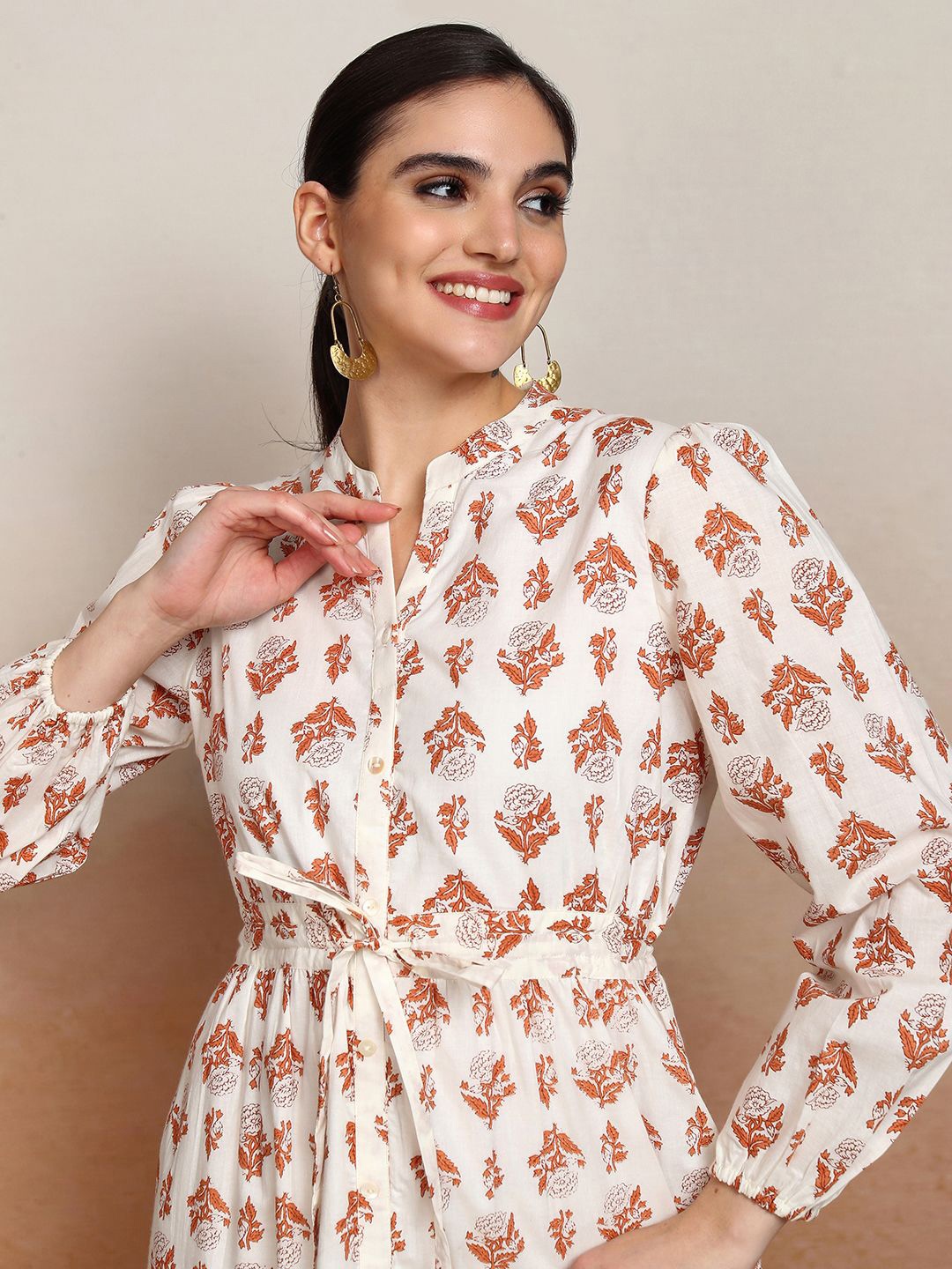 

Vishudh Floral Print Puff Sleeve Fit & Flare Midi Dress, Cream