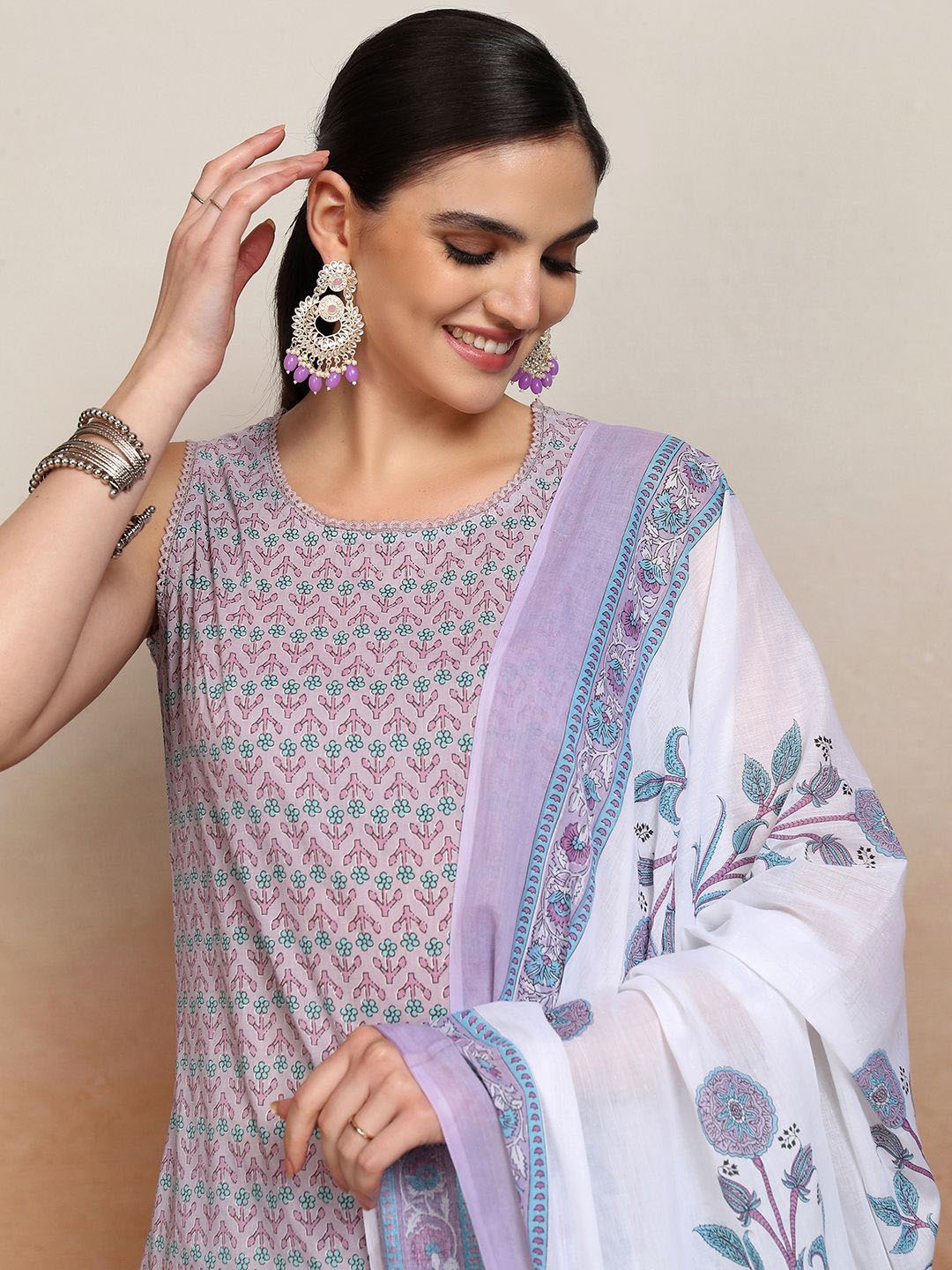 

Vishudh Purple Printed Sleeveless Pure Cotton Straight Kurta With Trousers & Dupatta