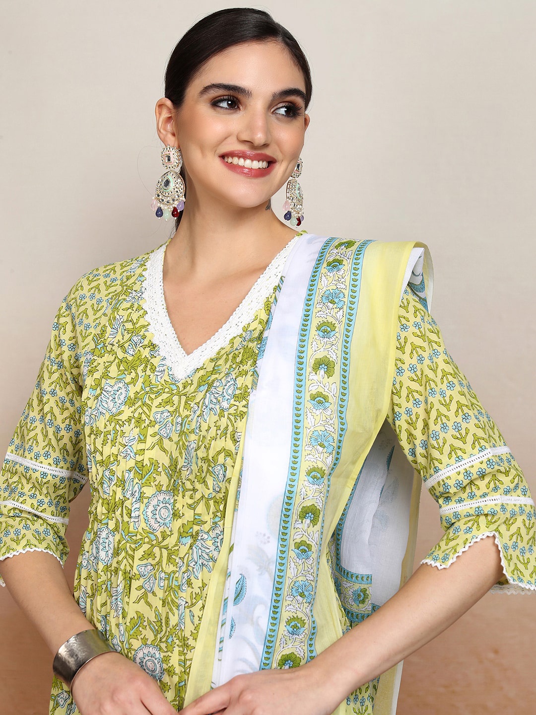 

Vishudh Lime Green Floral Printed Pure Cotton A-Line Pleated Kurta With Trousers & Dupatta