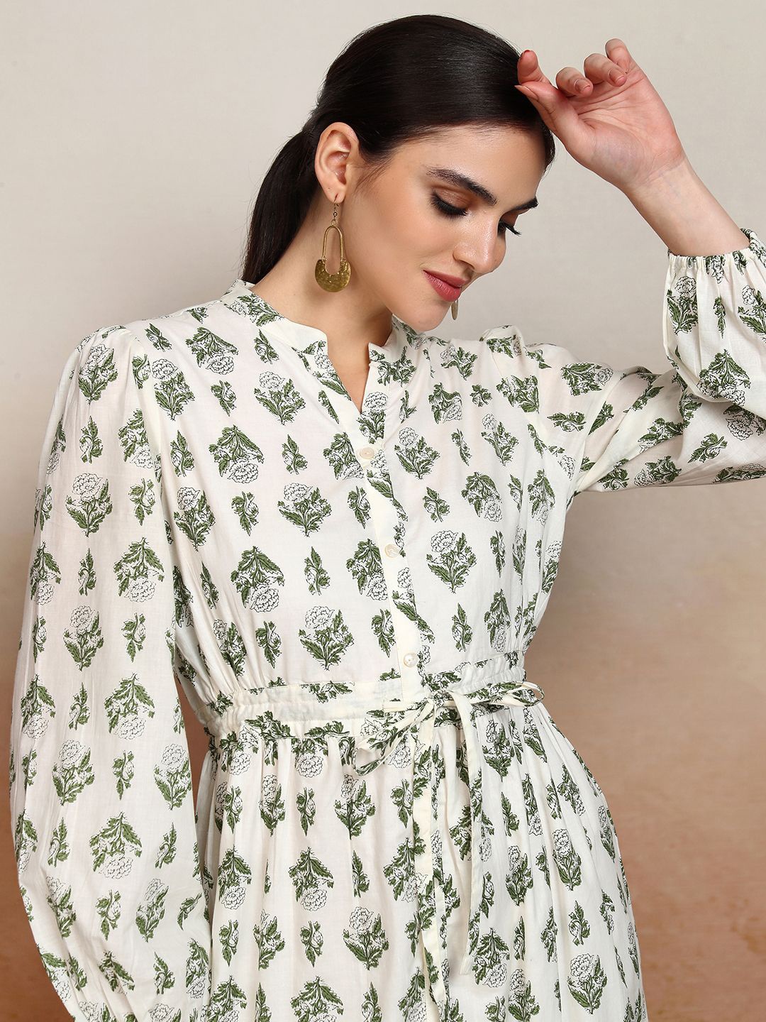 

Vishudh Floral Print Puff Sleeve Fit & Flare Midi Dress, Cream