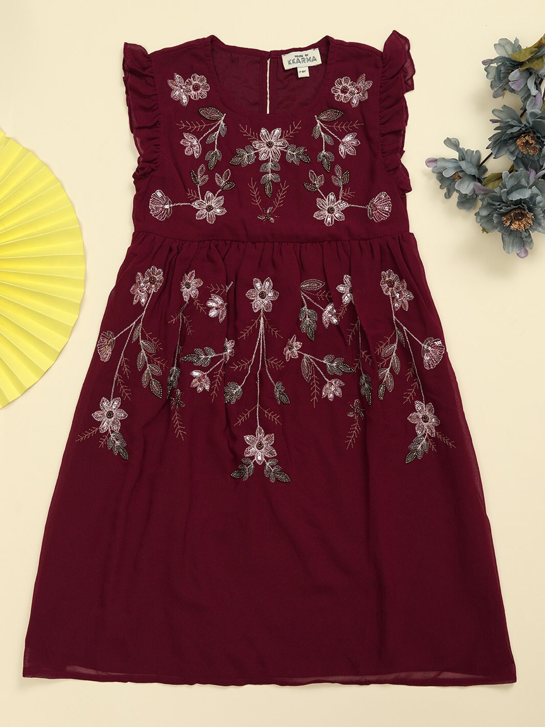 

HOUSE OF KKARMA Girls Floral Embroidery Georgette Midi Dress, Burgundy
