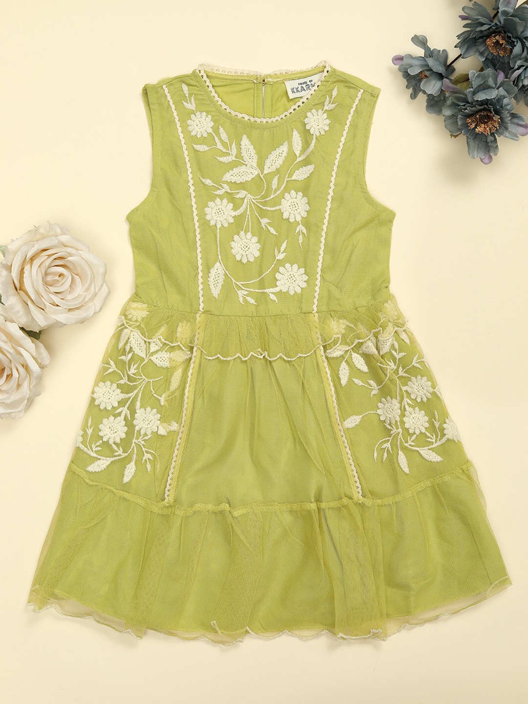

HOUSE OF KKARMA Girls Floral Embroidery Net Peplum Midi Dress, Lime green