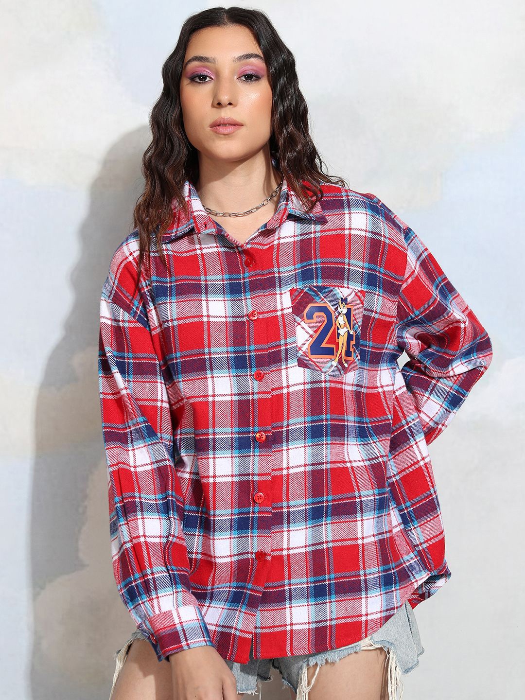 

Tokyo Talkies Women Checked Printed Oversized Shirt, Red