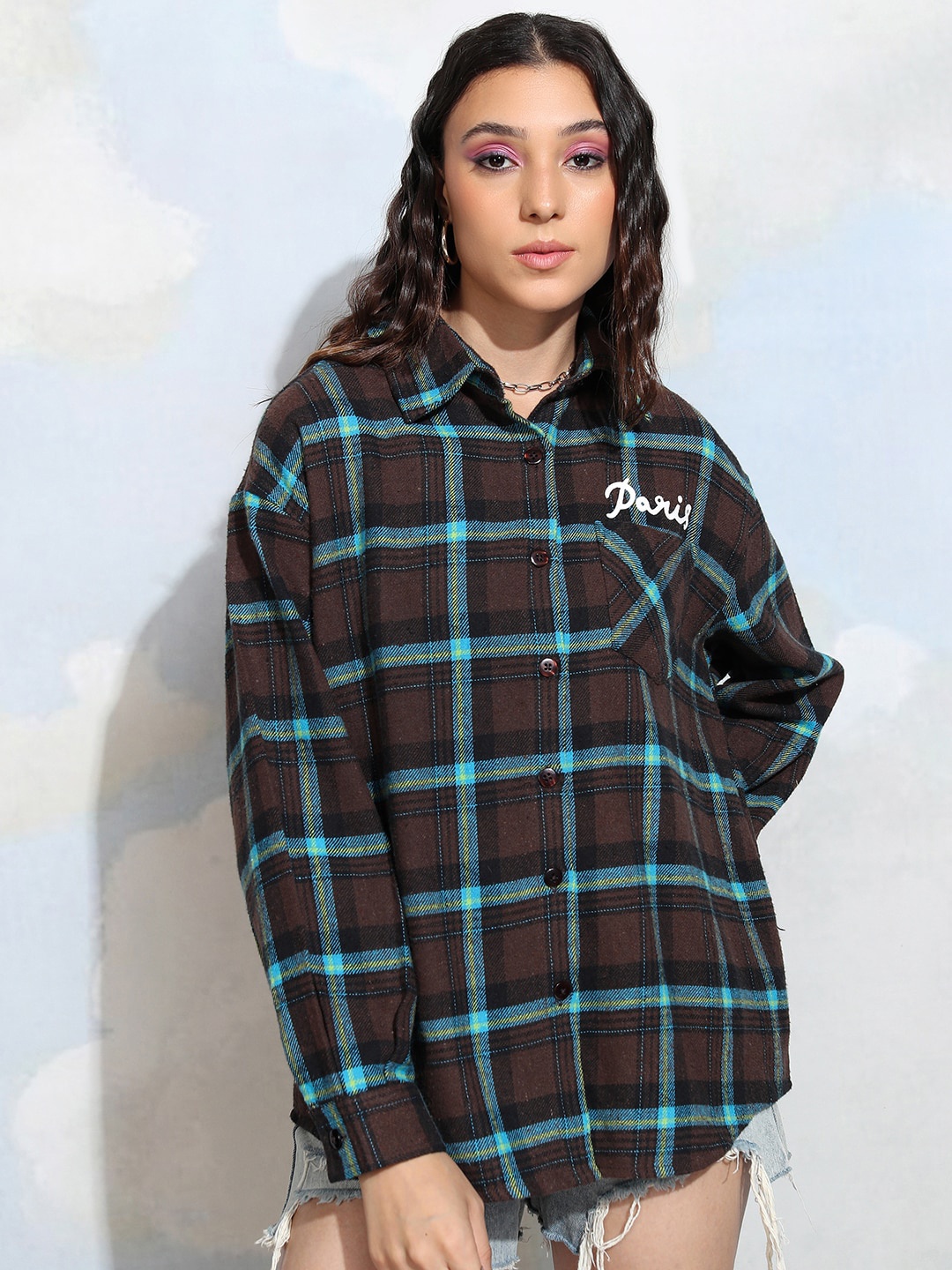 

Tokyo Talkies Women Checked Printed Oversized Shirt, Brown