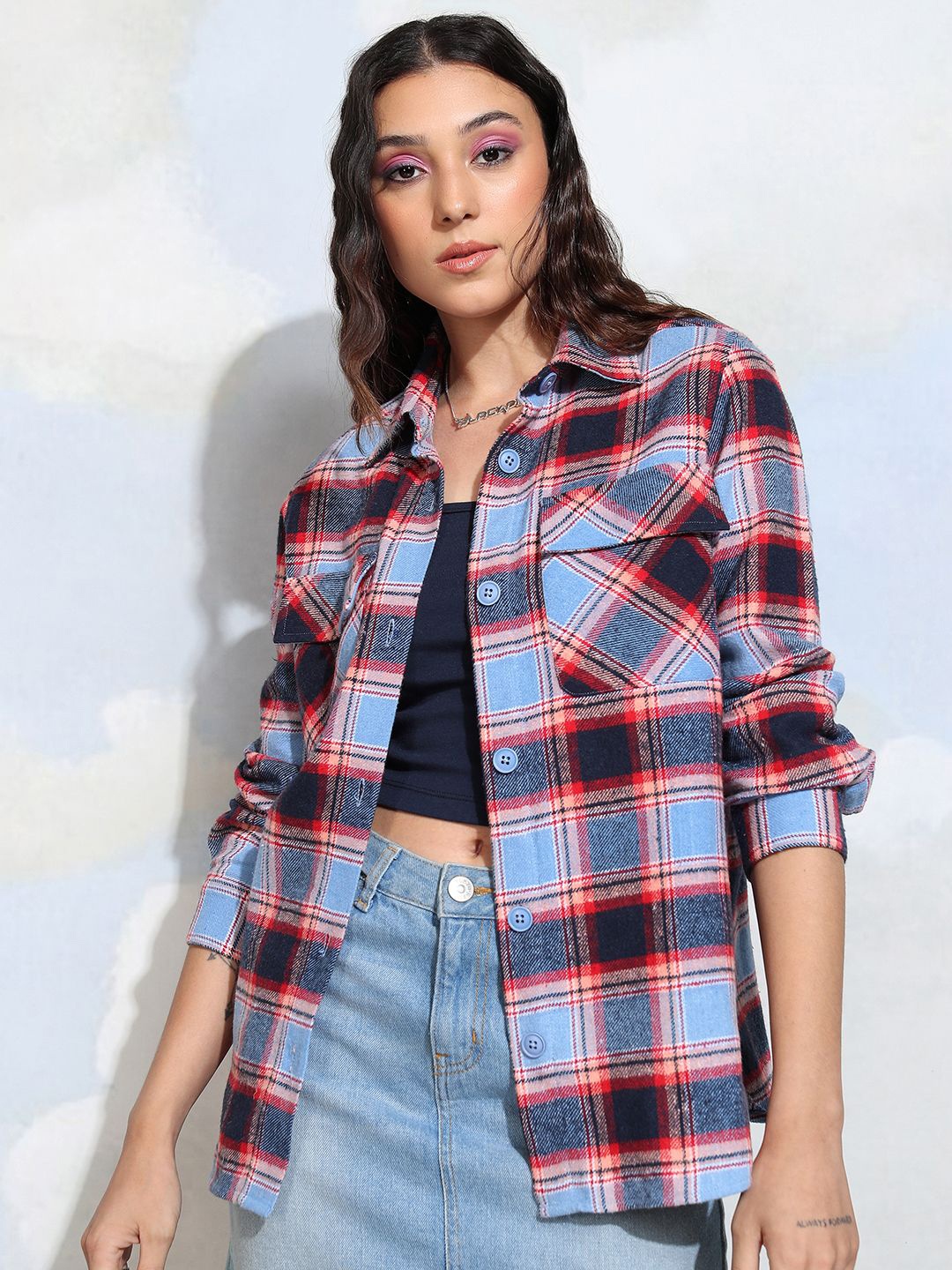 

Tokyo Talkies Women Poly Over Check Shirt, Blue