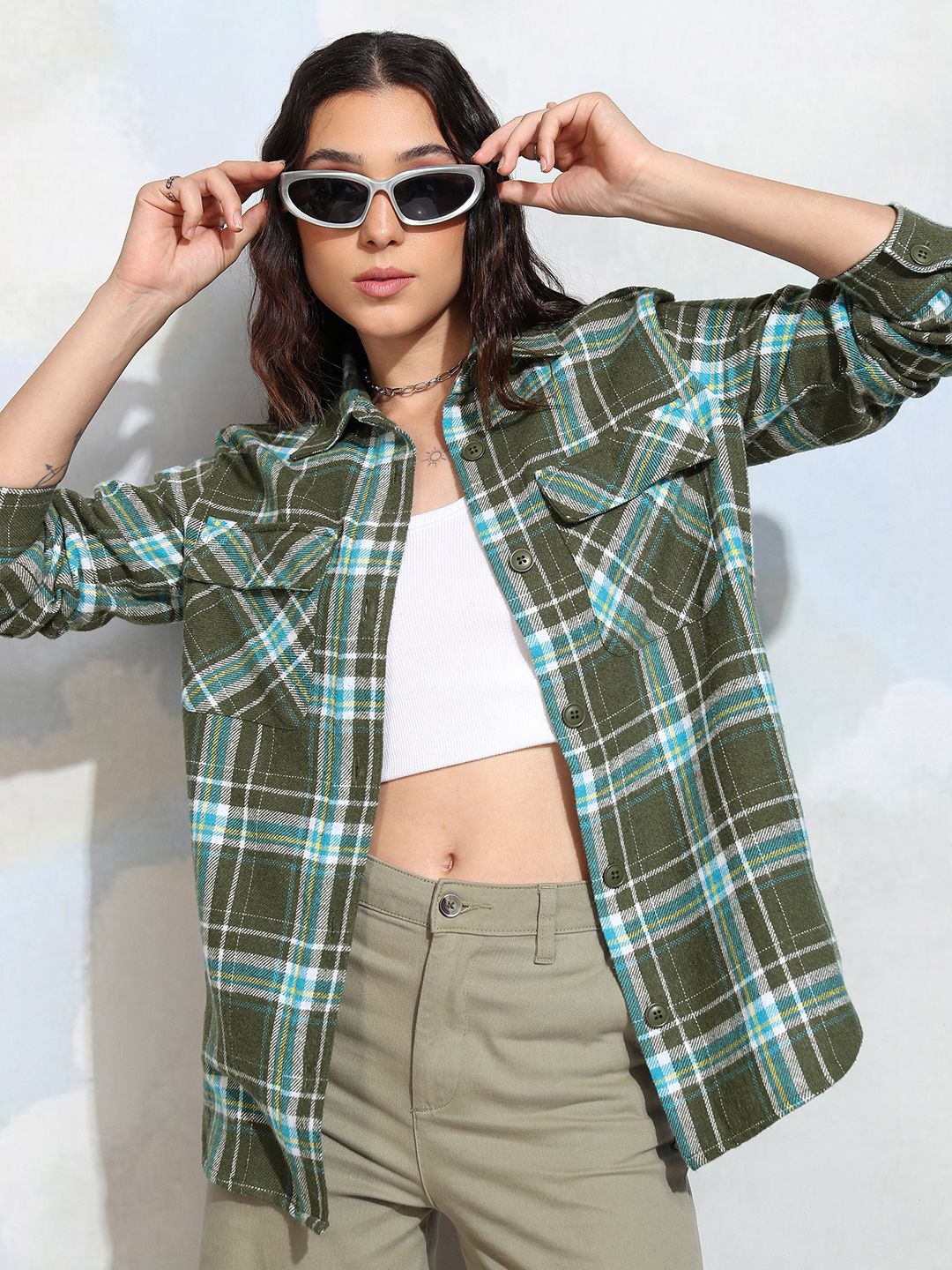 

Tokyo Talkies Tartan Checked Spread Collar Long Sleeves Longline Oversized Casual Shirt, Olive