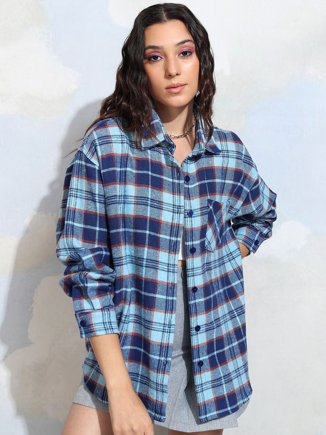 

Tokyo Talkies Women Checked Longline Oversized Shirt, Blue