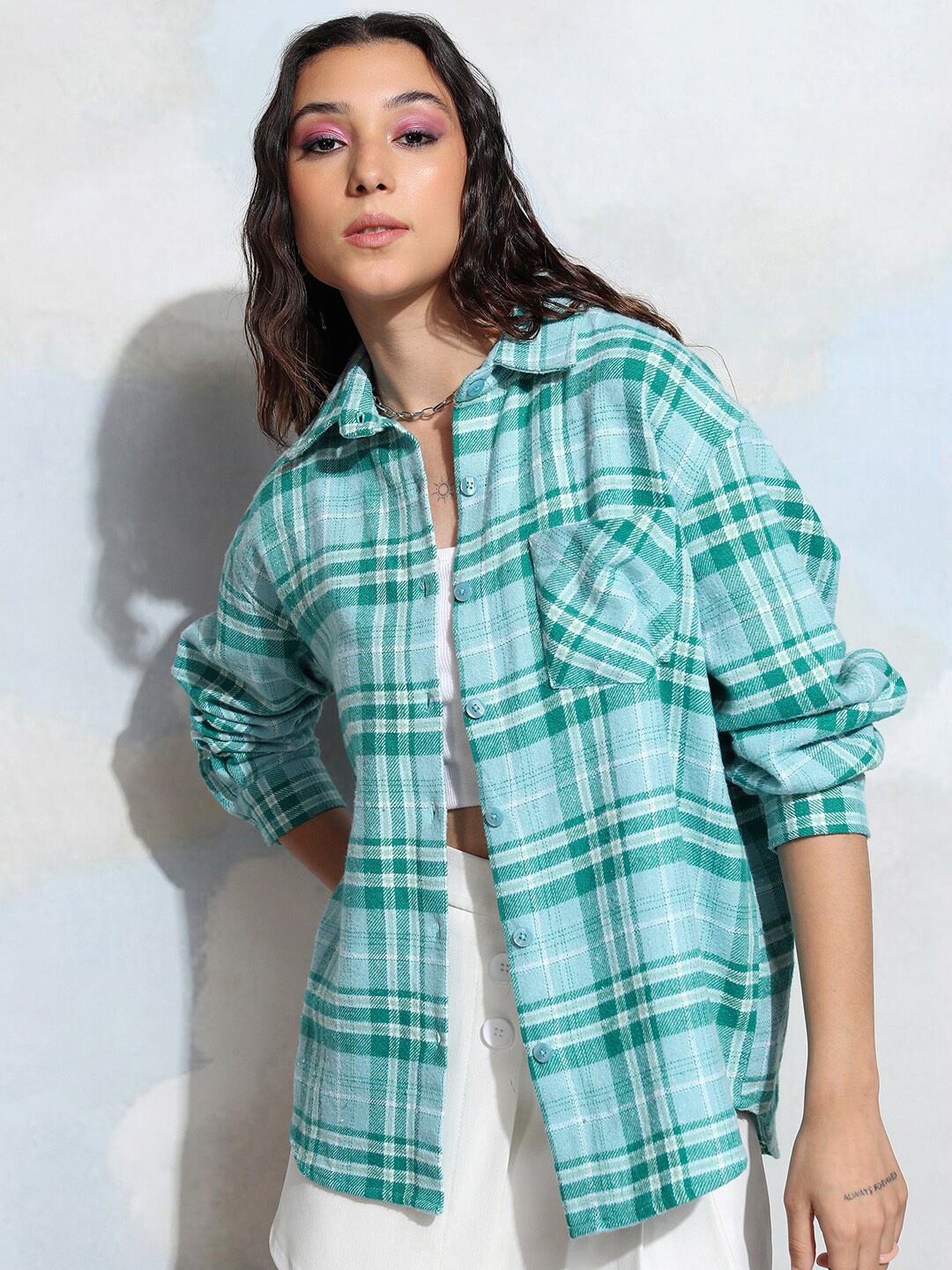 

Tokyo Talkies Tartan Checked Spread Collar Long Sleeves Longline Oversized Casual Shirt, Blue