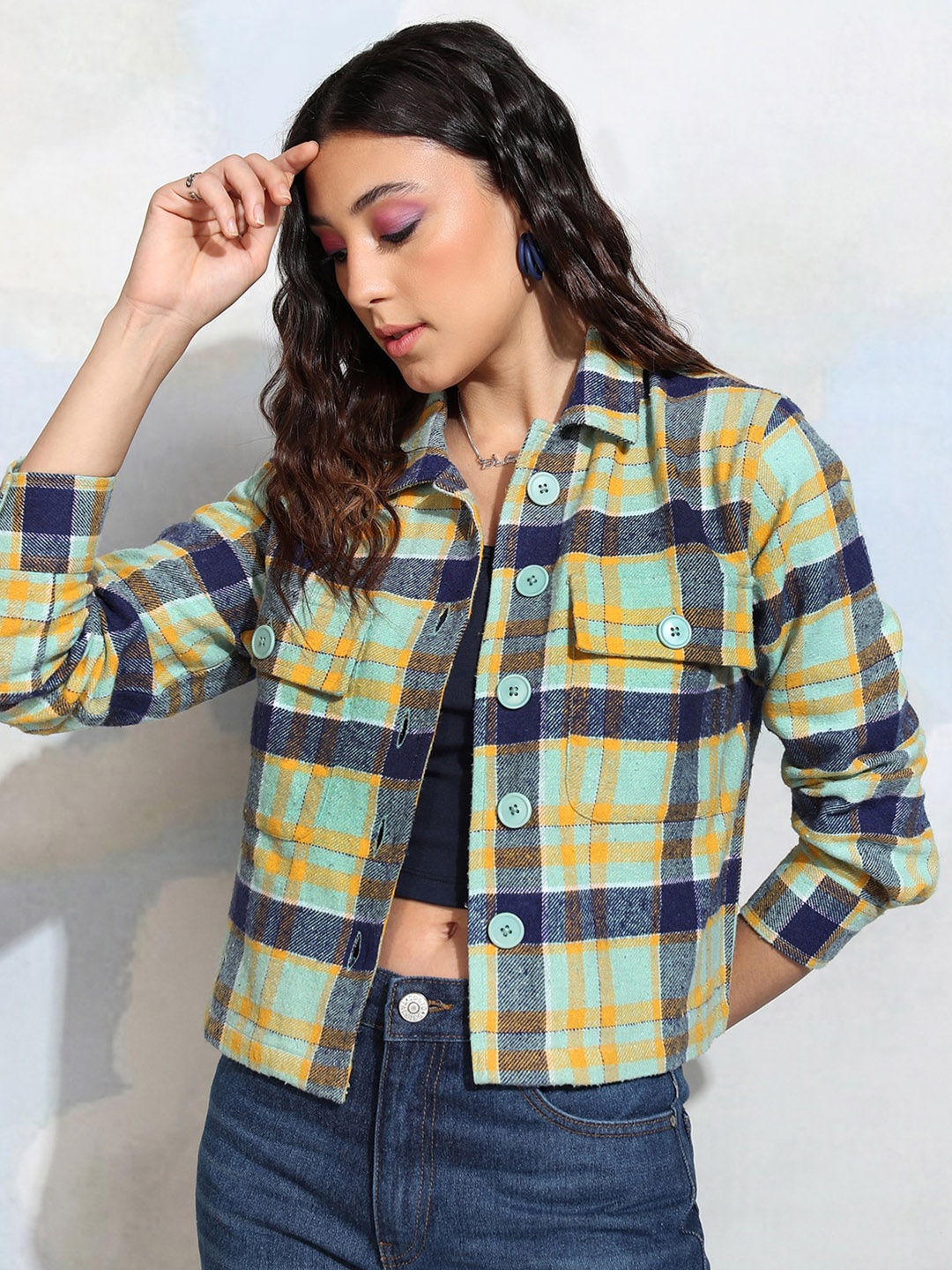 

Tokyo Talkies Boxy Tartan Checked Spread Collar Long Sleeves Oversized Casual Shirt, Mustard