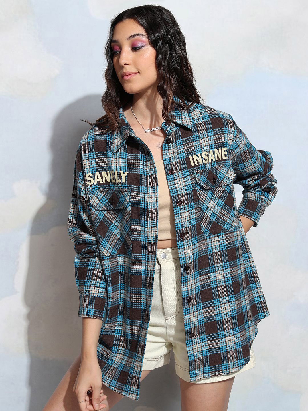 

Tokyo Talkies Blue Tartan Checked Spread Collar Long Sleeves Longline Oversized Shirt, Brown