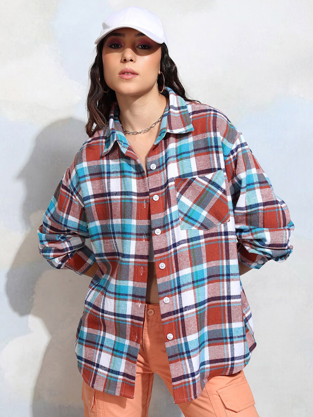 

Tokyo Talkies Tartan Checked Spread Collar Long Sleeves Longline Oversized Casual Shirt, Brown