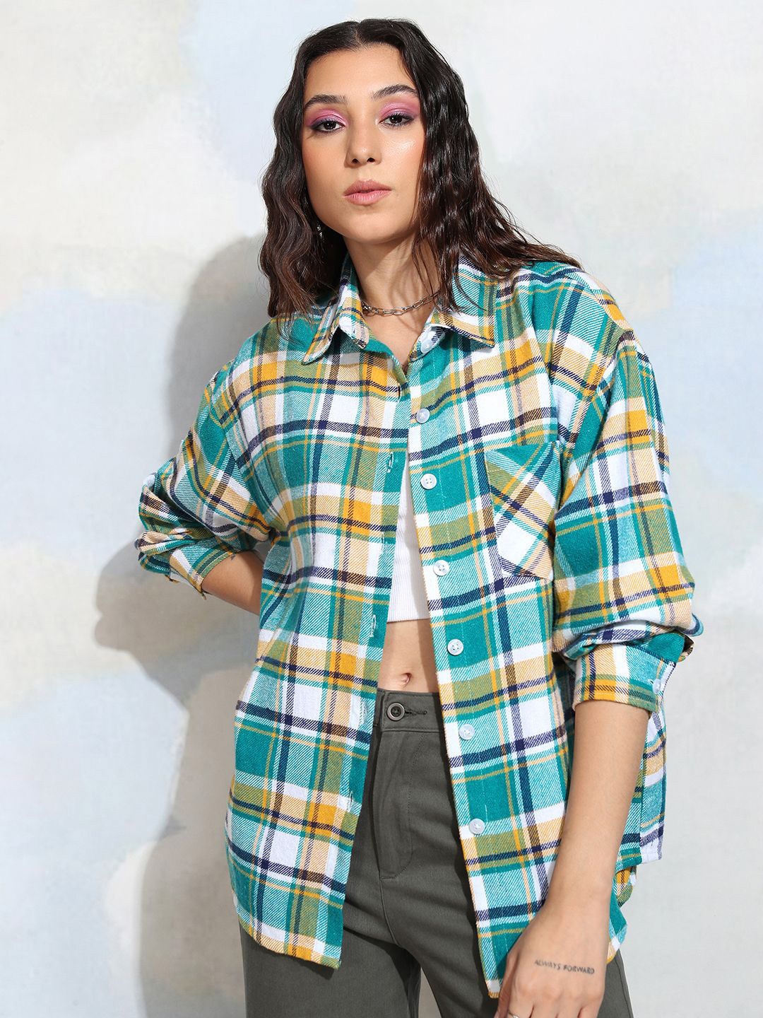 

Tokyo Talkies Women Checked Longline Oversized Shirt, Green