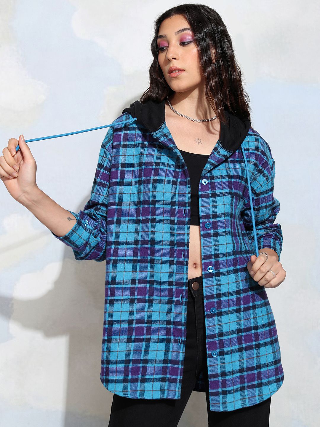 

Tokyo Talkies Tartan Checked Hooded Long Sleeves Longline Oversized Casual Shirt, Blue